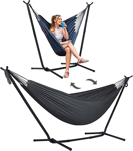 SUNCREAT Hamaca doble portátil convertible 2 en 1 con soporte incluido, hamaca y soporte para exteriores, pendiente de patente, gris oscuro SUNCREAT Hamaca doble portátil convertible 2 en 1 con soporte incluido, hamaca y soporte para exteriores, pendiente de patente, gris oscuro