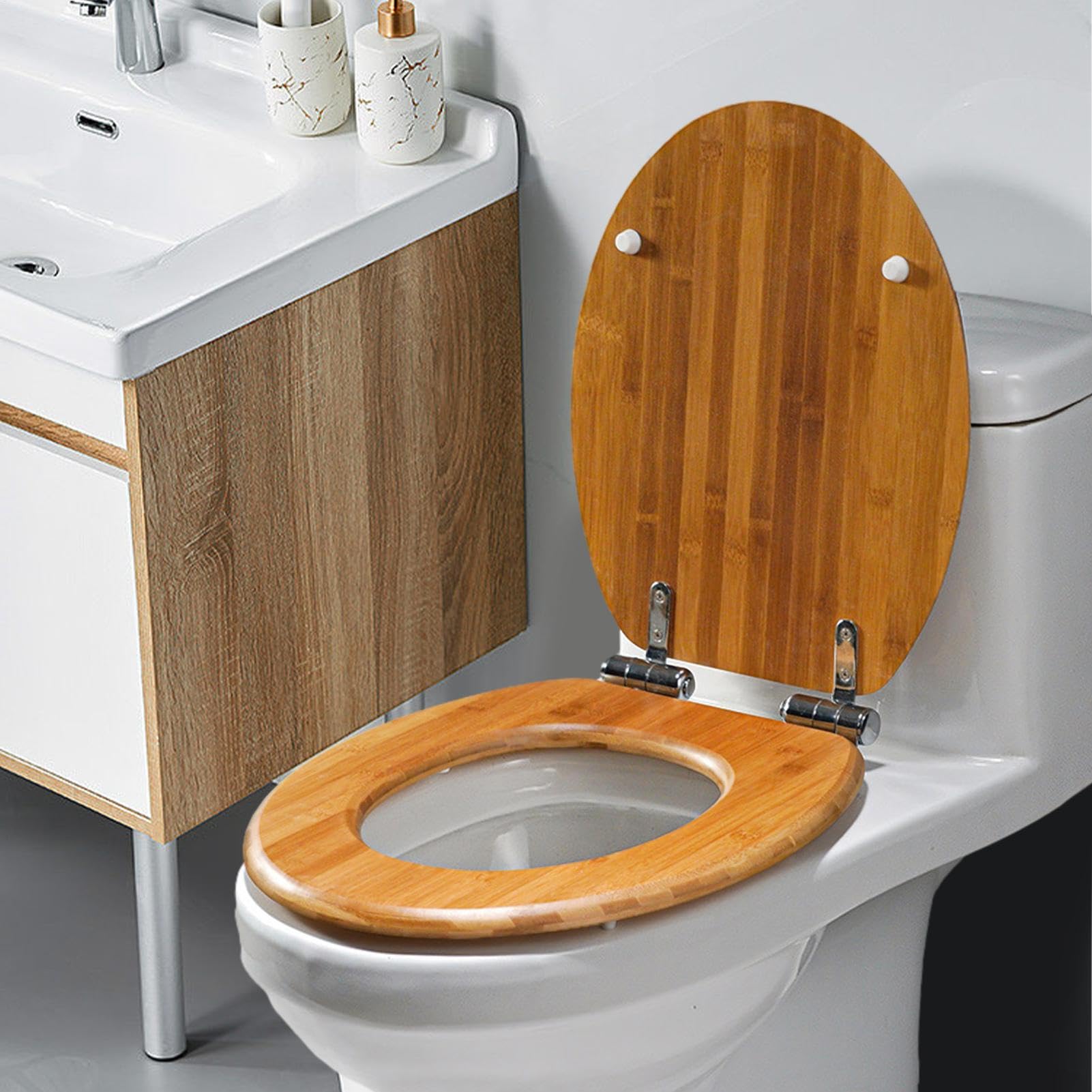 Asiento de inodoro ovalado de madera, moldeado con bisagras de acero | inoxidable, tapa de cierre, función lenta, asiento de baño cómodo y duradero para inodoros modernos, accesorios de higiene