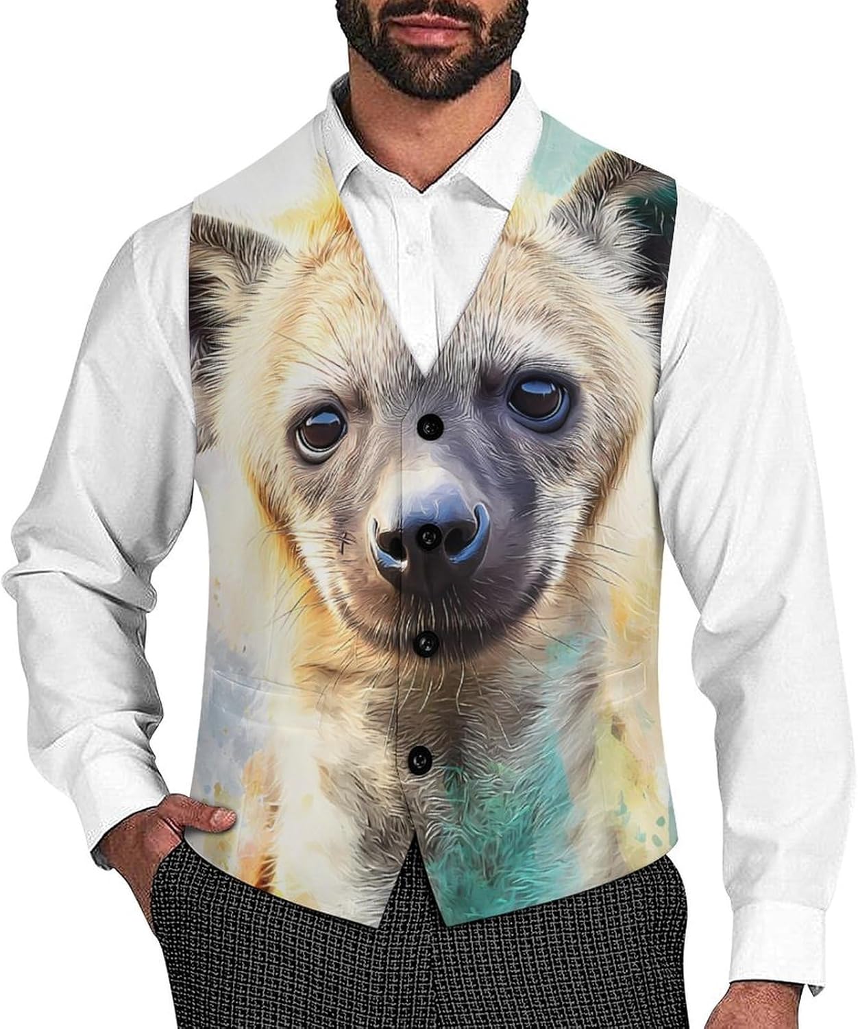 Hyena Dog Casual Suit Vest for Men Tuxedo Waistcoat Formal Business Dress