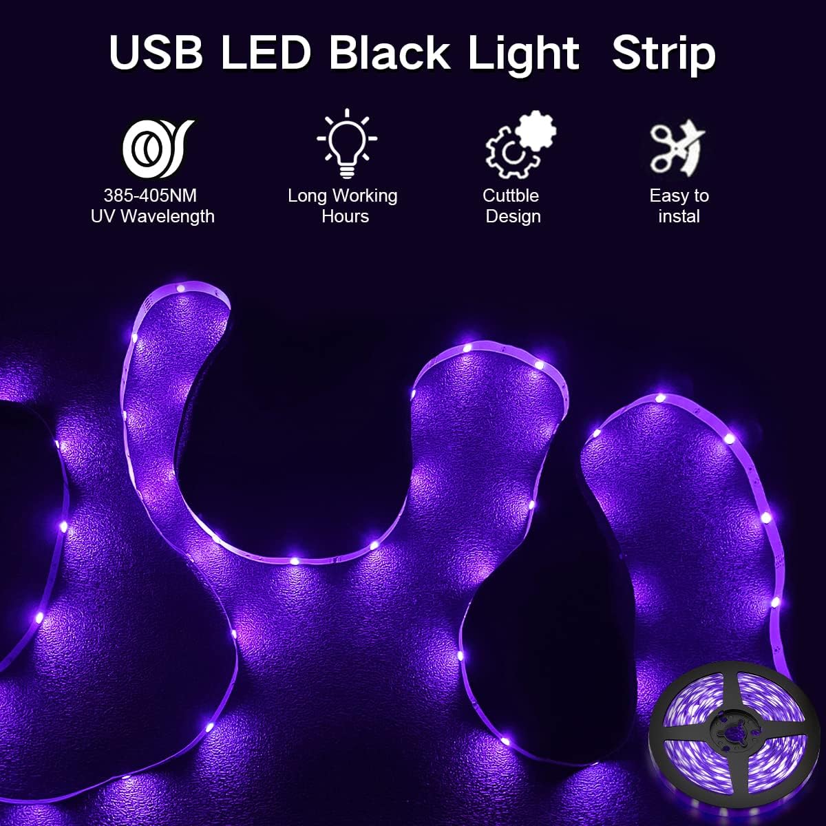 iCreating UV LED Strip Lights - 20ft USB Powered LED Black Light Strips 5V UV Blacklight Strip, UV Black Light LED Strips Kit with Non-Waterproof Super Bright UV LED Light Strip