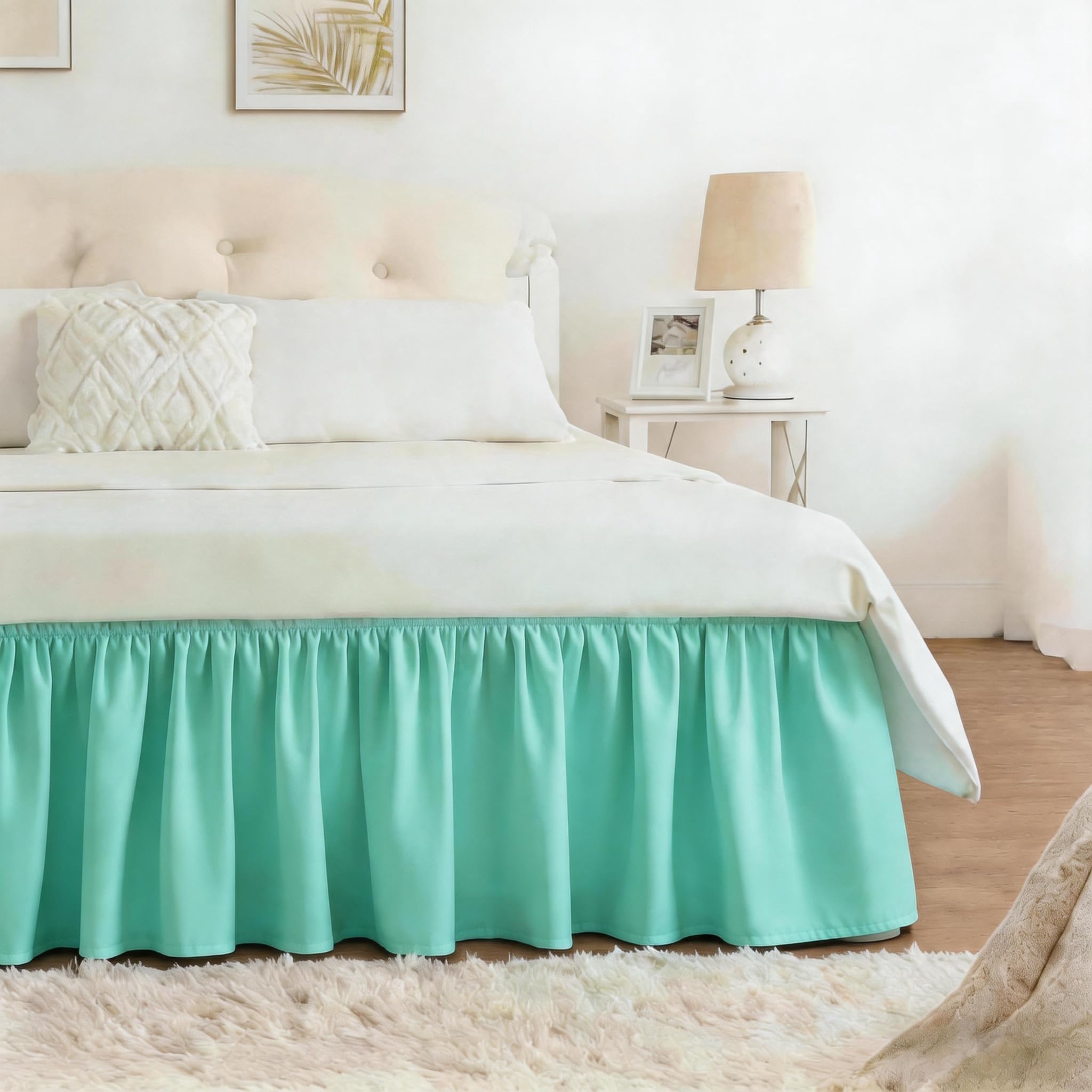 RIMELA Spa Blue Bed Skirt King Size 15 Inch Drop, Elastic Bed Skirting for Bed Base and Frame, Bedding Dust Ruffle Easy to Install, Lightweight Comforter Set with Wrap Around Adjustable Bedskirt