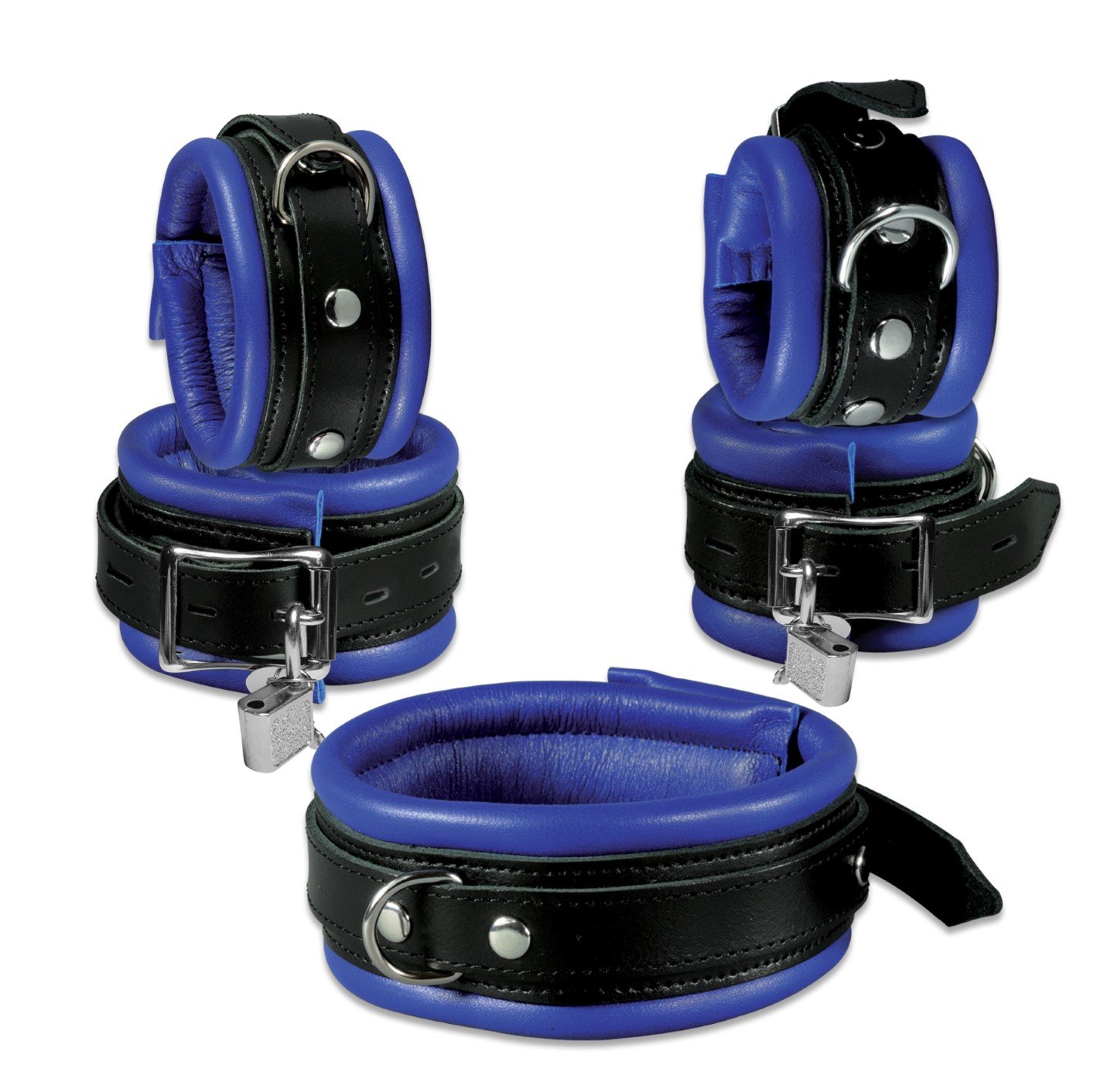 BDSM Bondage Set, echtes Leder, Fesselset gepolstert, blau, Abschließbar