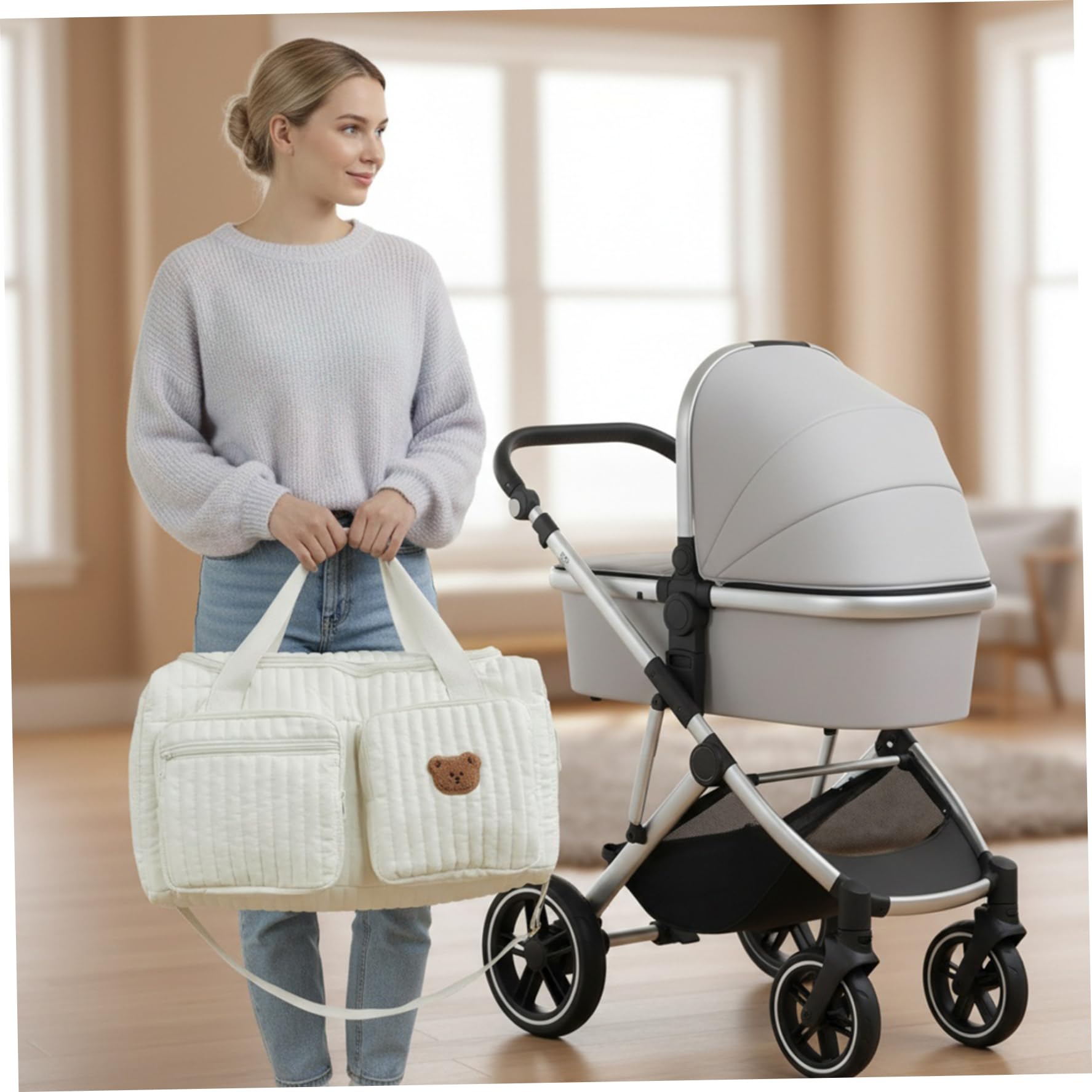 Sac de sport matelassé, sac de voyage pour bébé capacité avec broderie d'ours mignon pour les voyages à l'hôpital et en week-end, 18, 9 x 10, 2 x 8, 7 pouces, décoration la maison