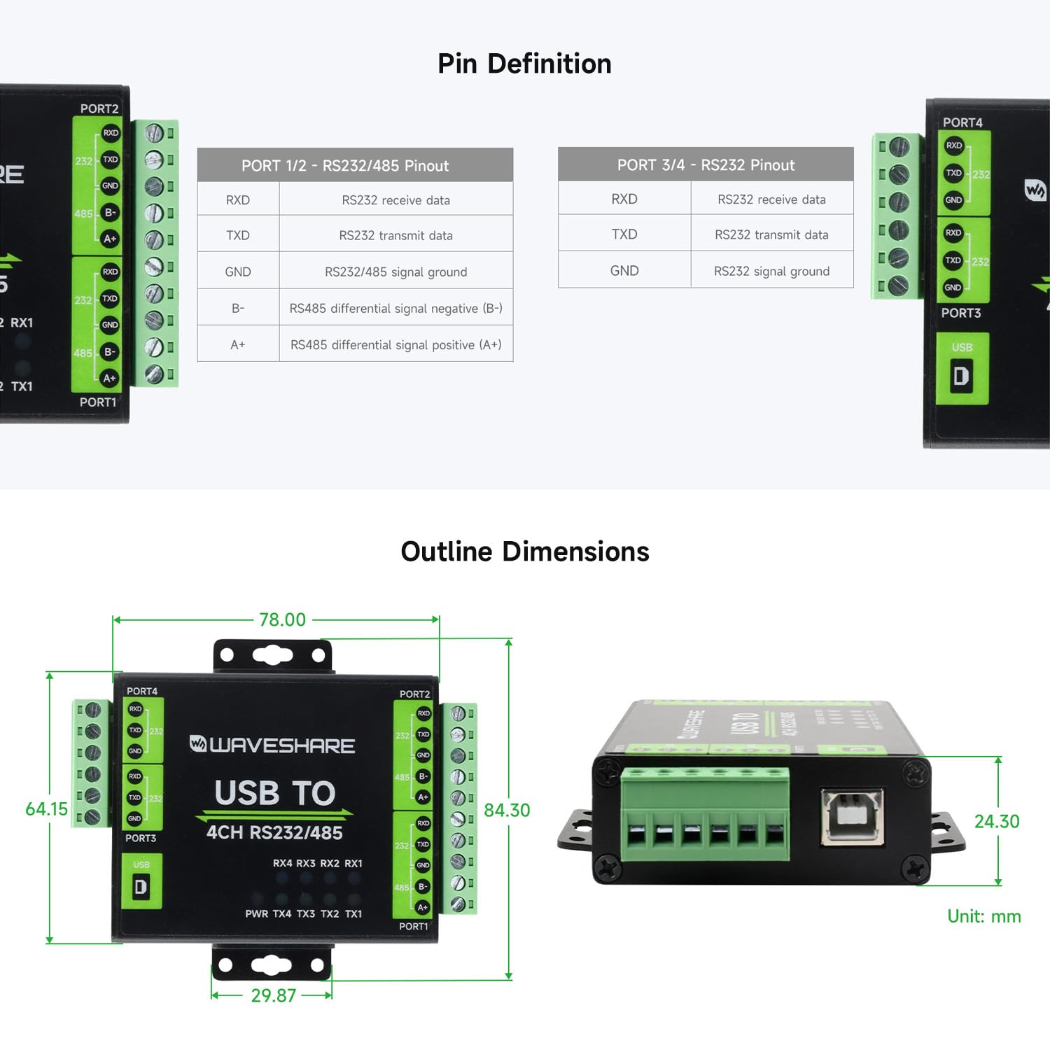 Waveshare Industrial Isolated USB to RS232/485 Converter, Original FT4232HL Chip, Supports USB to 2-Ch RS232 + 2-Ch RS232/485, Wall-Mount & Rail-Mount Support