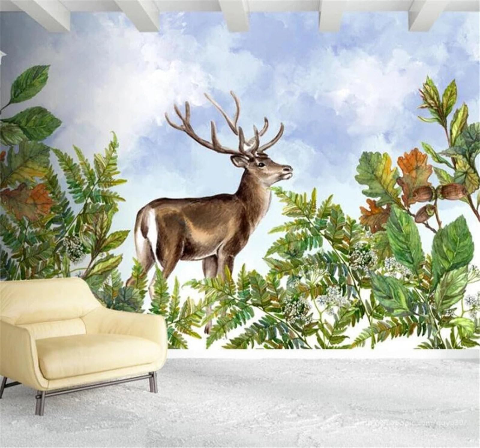 Xlming 300Cm×210Cm(B×H) Hand Drawn Green Plants Elk Sky 3D Wallpaper Luxury Home Dining Decor Paste Sofa Living Room The Wall For Bedroom Mural-300Cm×210Cm