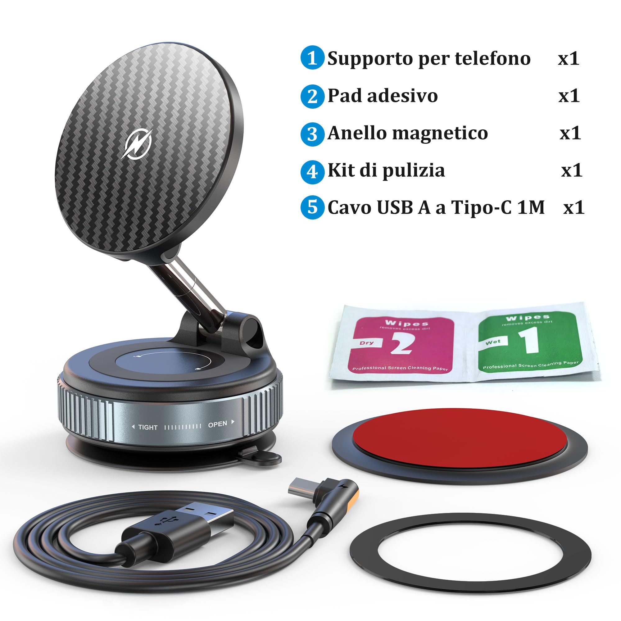 PlusAcc Supporto per cellulare per auto con funzione di ricarica – Ventosa girevole a 360° pieghevole magnetico per Magsafe iPhone 17/16/15/14/13/12 Samsung S20-S25 su parabrezza/cruscotto