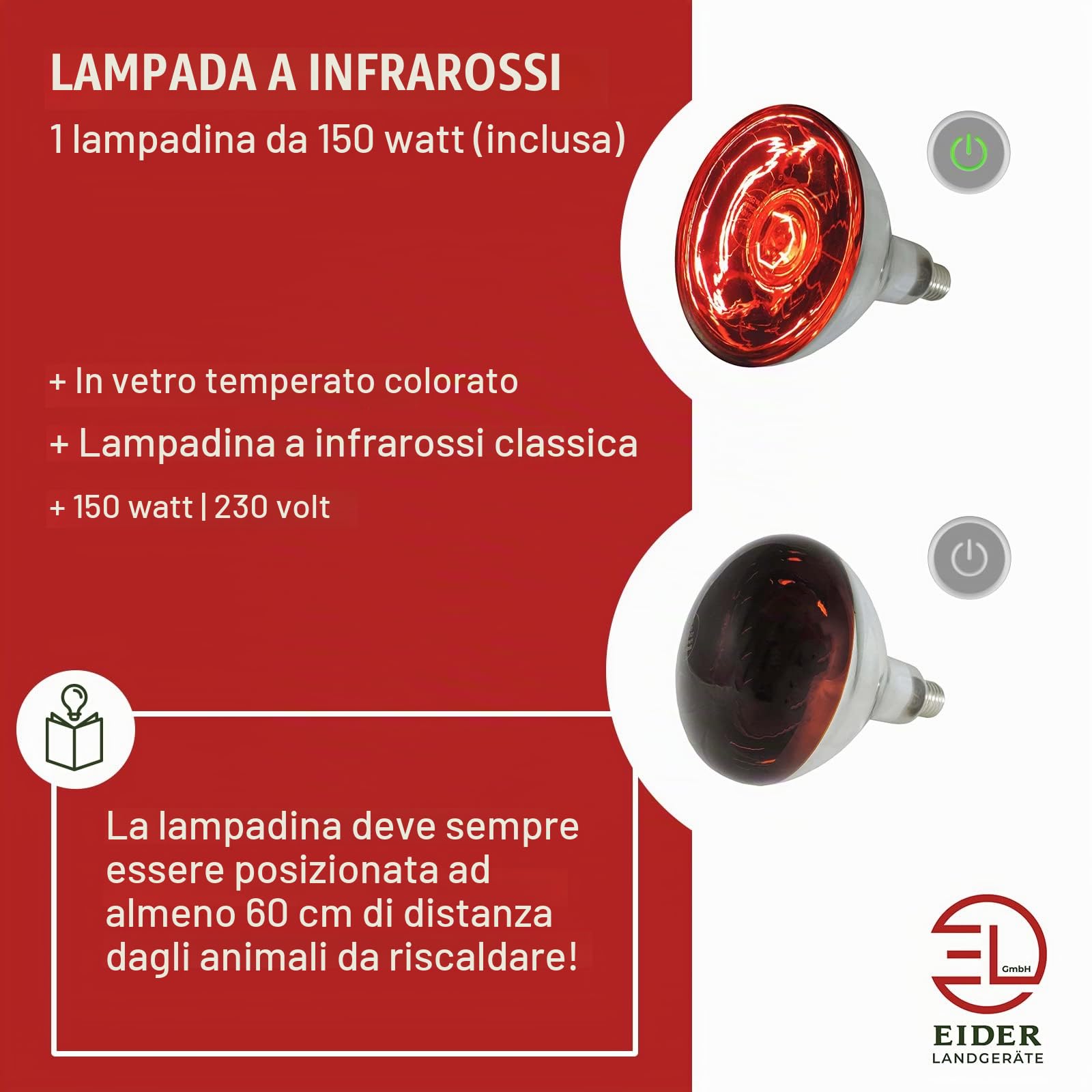 Eider, dispositivo di getto di calore a infrarossicon lampadina (lampadina da 150 W già inclusa), lampada riscaldante per animali