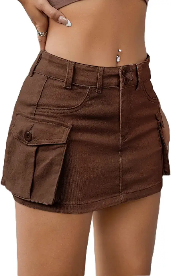 Mini saia jeans cargo feminina de cintura baixa com bolso