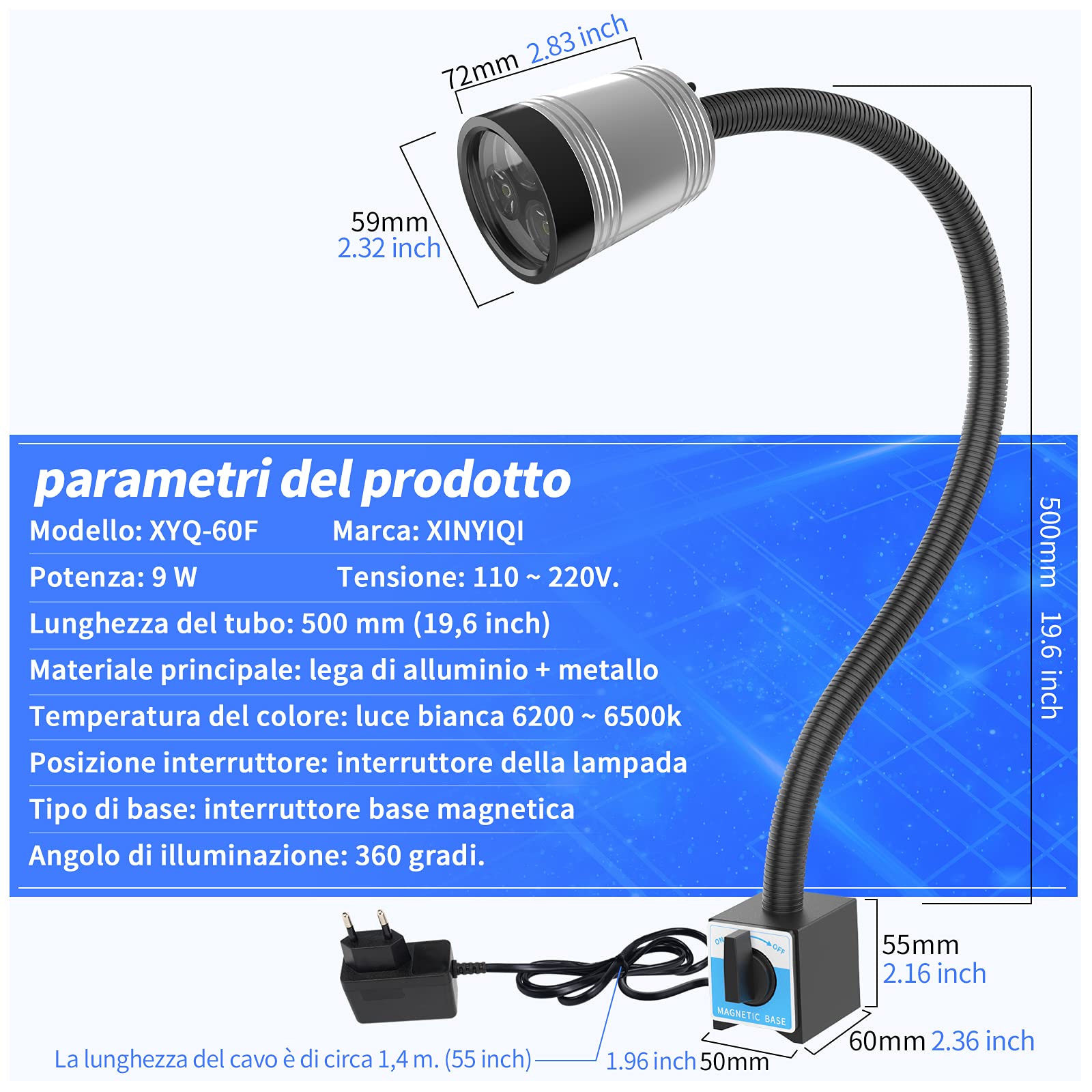 Lampada da lavoro a led magnetica a collo d'oca flessibile 900 lumen IP66 lampada a prova d'acqua per macchine utensili tornio fresatrice trapano illuminazione industriale
