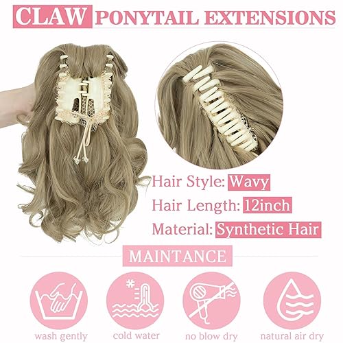Miniatura 3 de Extensión de cola de caballo rubia, pinza de clip en colas de caballo cortas, onduladas, colas de caballo falsas, extensión sintética natural para