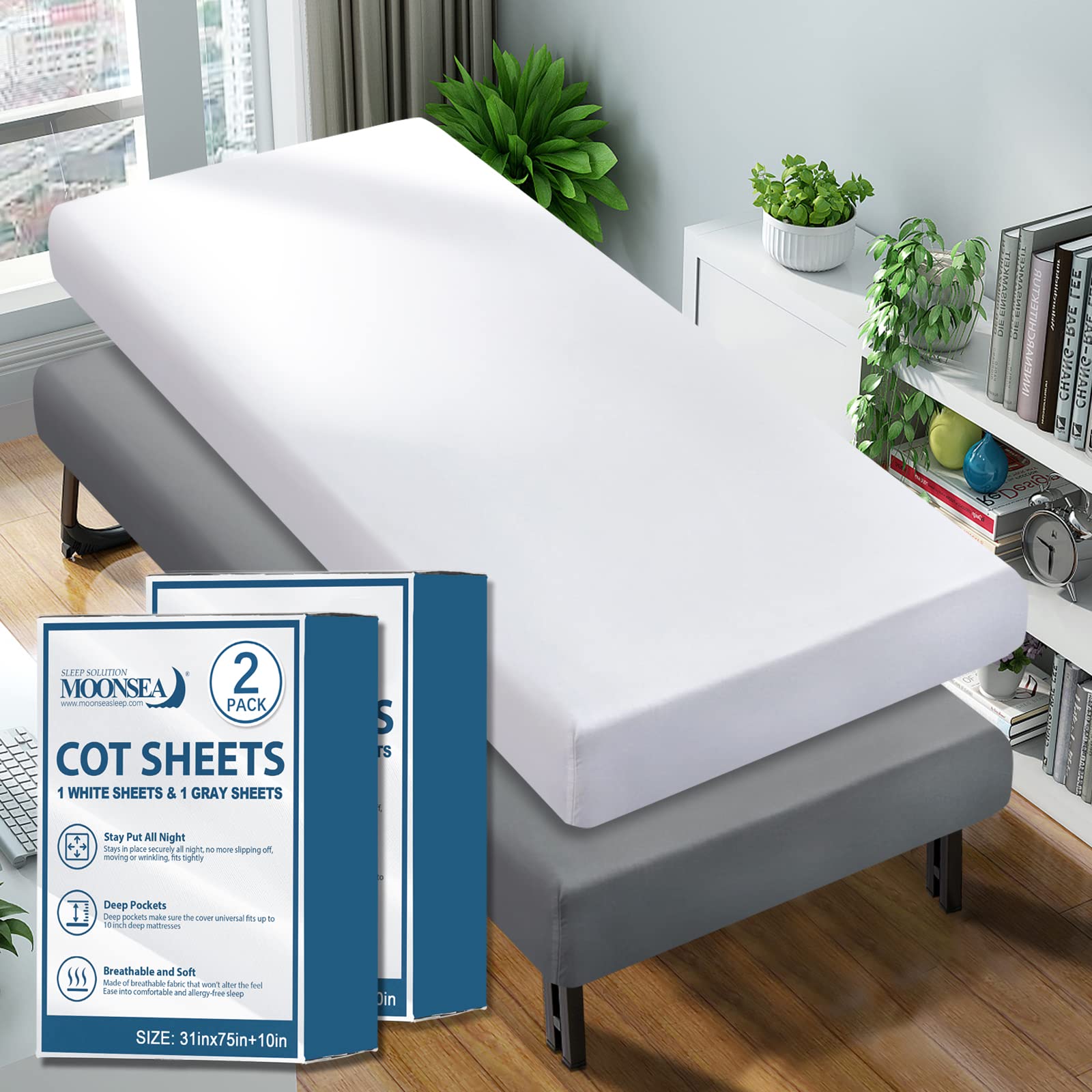 Moonsea Cot Sheet Only 31" x 75", Cot Fitted Sheet Ultra Soft and Breathable Snug Fit for Narrow Twin Mattress/ Camp Bunk Beds/ RVs Bunk/ Guest Beds/ Army Cots/ Trifold Mattress Grey and White 2 Pack