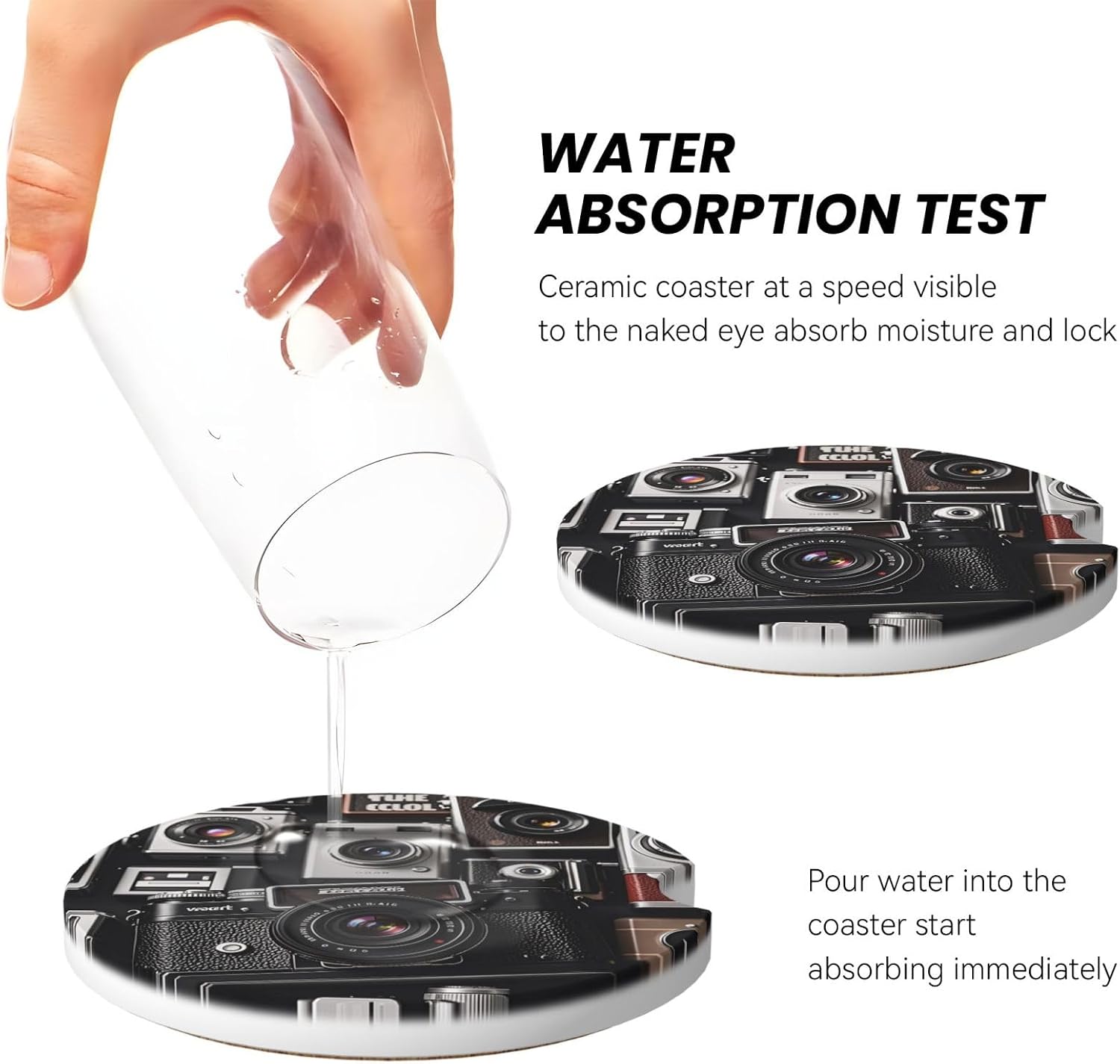 2 Pack Car Cup Coasters,Ceramic Absorbent Car Coaster for Cup Holders Universal Non-Slip Cup Mat with Finger Notch Retro Cool Camera Collection Car Interior Accessories 2.56" image 3