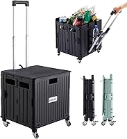 SUBICOO Folding Utility Cart with Lid - Portable Collapsible Rolling Trolley on 4 Swivel Wheels for Shopping, Grocery, Office, Camping (Black)