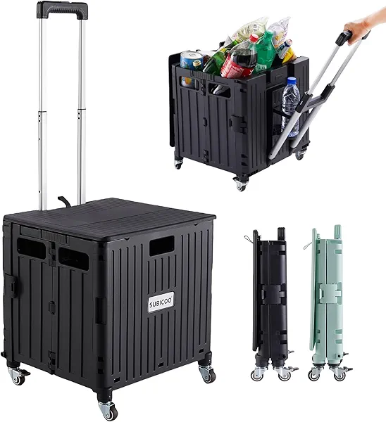 SUBICOO Folding Utility Cart Portable Rolling Crate Handcart Shopping Trolley Collapsible Tool Box, with Lid, on 4 Rotate Wheels, for Grocery, Shopping, Office, Teacher, Camp(Black)