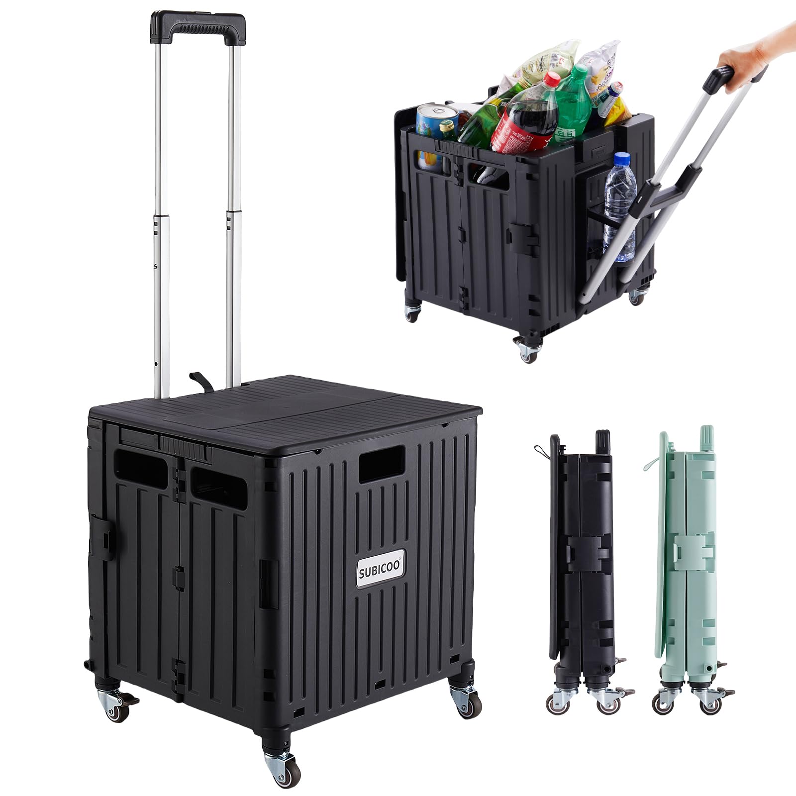 Folding Utility Cart Portable Rolling Crate Handcart Shopping Trolley Collapsible Tool Box, with Lid, on 4 Rotate Wheels, for Grocery, Shopping, Office, Teacher, Camp(Black)