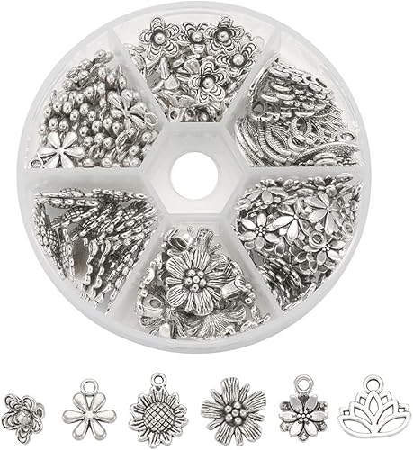 Pandahall - 1 caja / 135 colgantes de flores de aleación estilo tibetano mezclados 6 estilos de dijes de flores de plata antigua para hacer joyas,