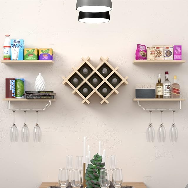 TANGZON Wall Mounted Wine Rack, Wine Glass Holder with 4 Shelves & Middle 7 Bottles Rack, Drinks Champagne Storage Display Unit for Home, Kitchen, Dining Room and Bar (Natural)