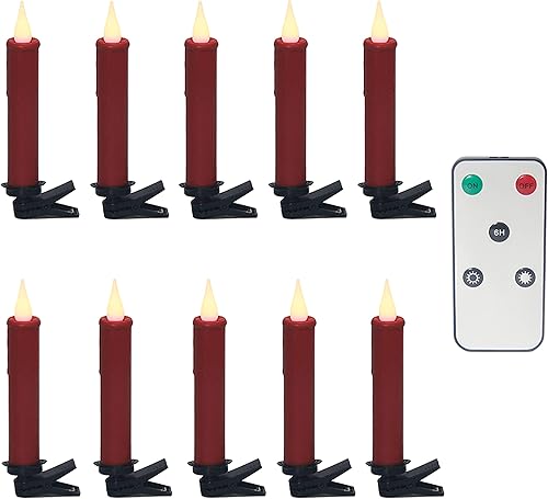 Velas LED cónicas para árbol de Navidad con temporizador, control remoto y clips extraíbles, funciona con pilas, juego de 10 velas cónicas realistas