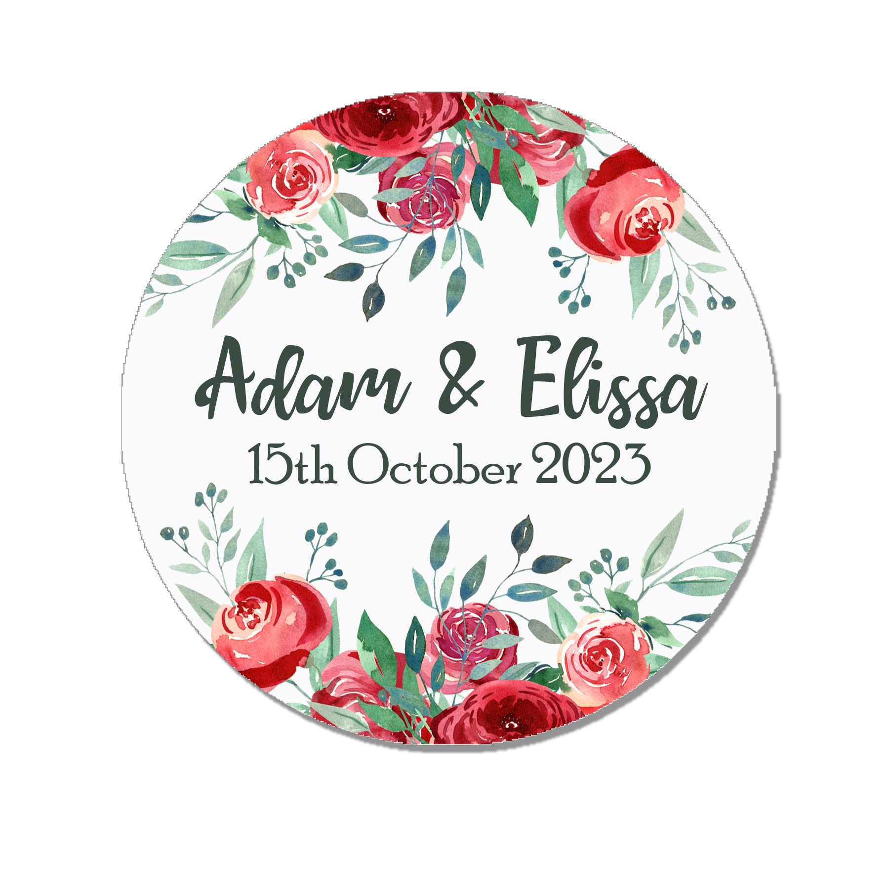 35 x Treasured Forever Personalised Wedding Floral Effect Favour Round Stickers (37mm) (Red) (Red)