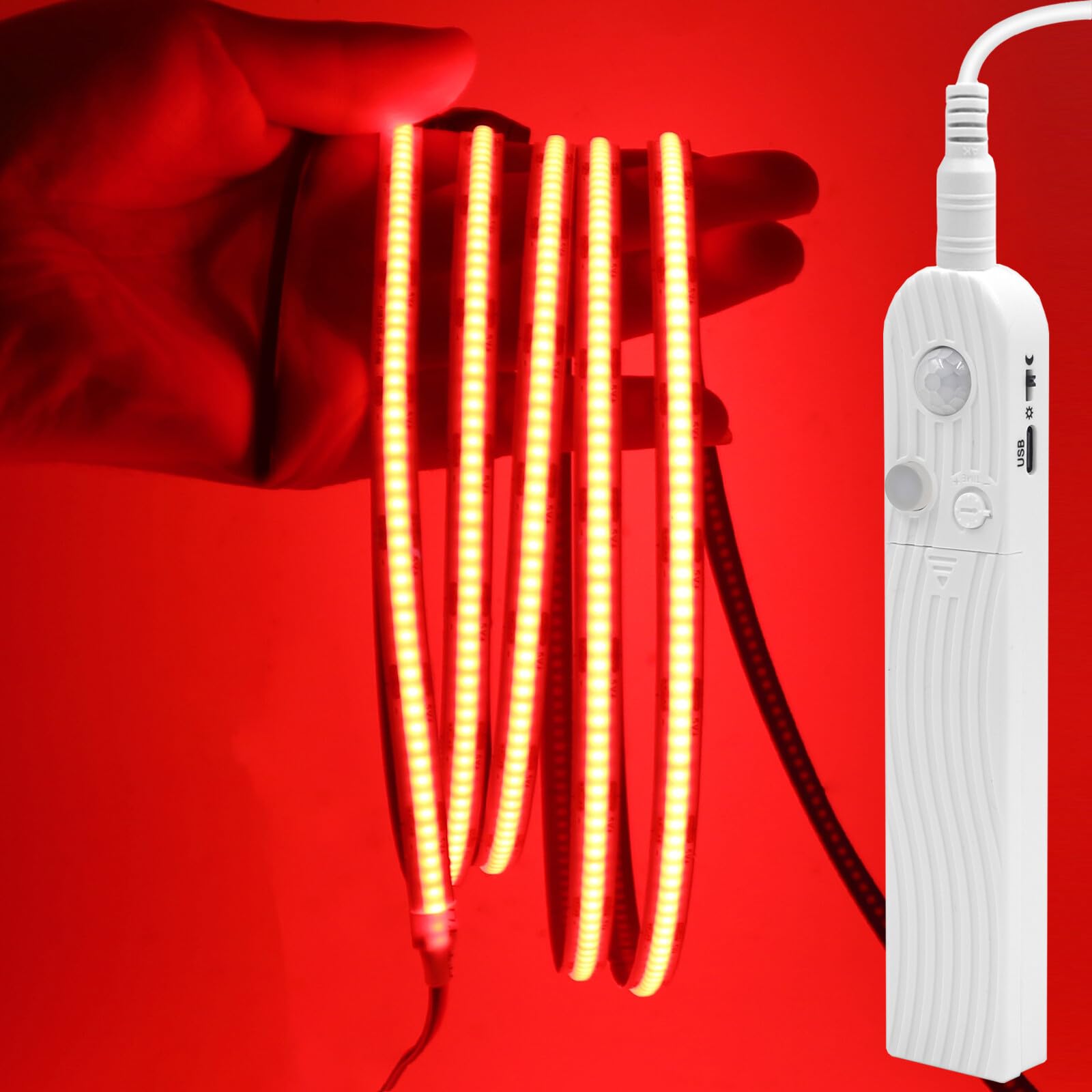 GQL Motion Sensor COB LED Strip Lights - PIR 5V Battery or USB Powered, Self-Adhesive for Closet Wardrobes Cabinets Stairs (Red, 3m) โ image 1