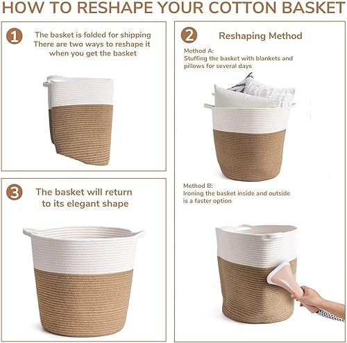 Miniatura 8 de Casaphoria Cesta de almacenamiento de cuerda de algodón tejida natural, cesta de lavandería de yute para dormitorio, para organizar toallas, cesta