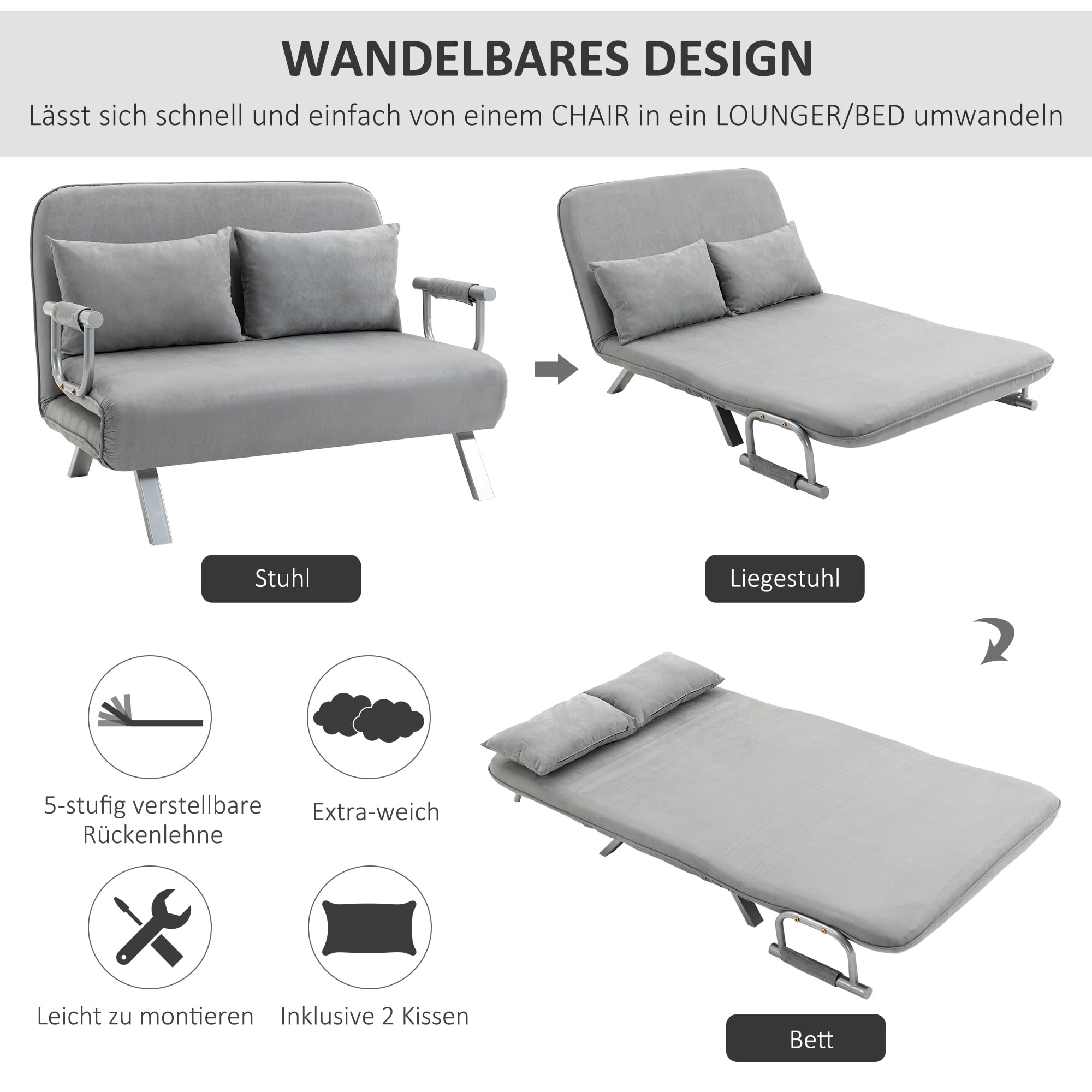 HOMCOM 3 in 1 Schlafsofa Schlafcouch 2 Sitzer 185x105cm Hellgrau | 2 Sitzer Sofa mit Schlaffunktion, Samtoptik, Chaiselounge, 5-stufig Verstellbare Rückenlehne, Wohnzimmer, Schlafzimmer