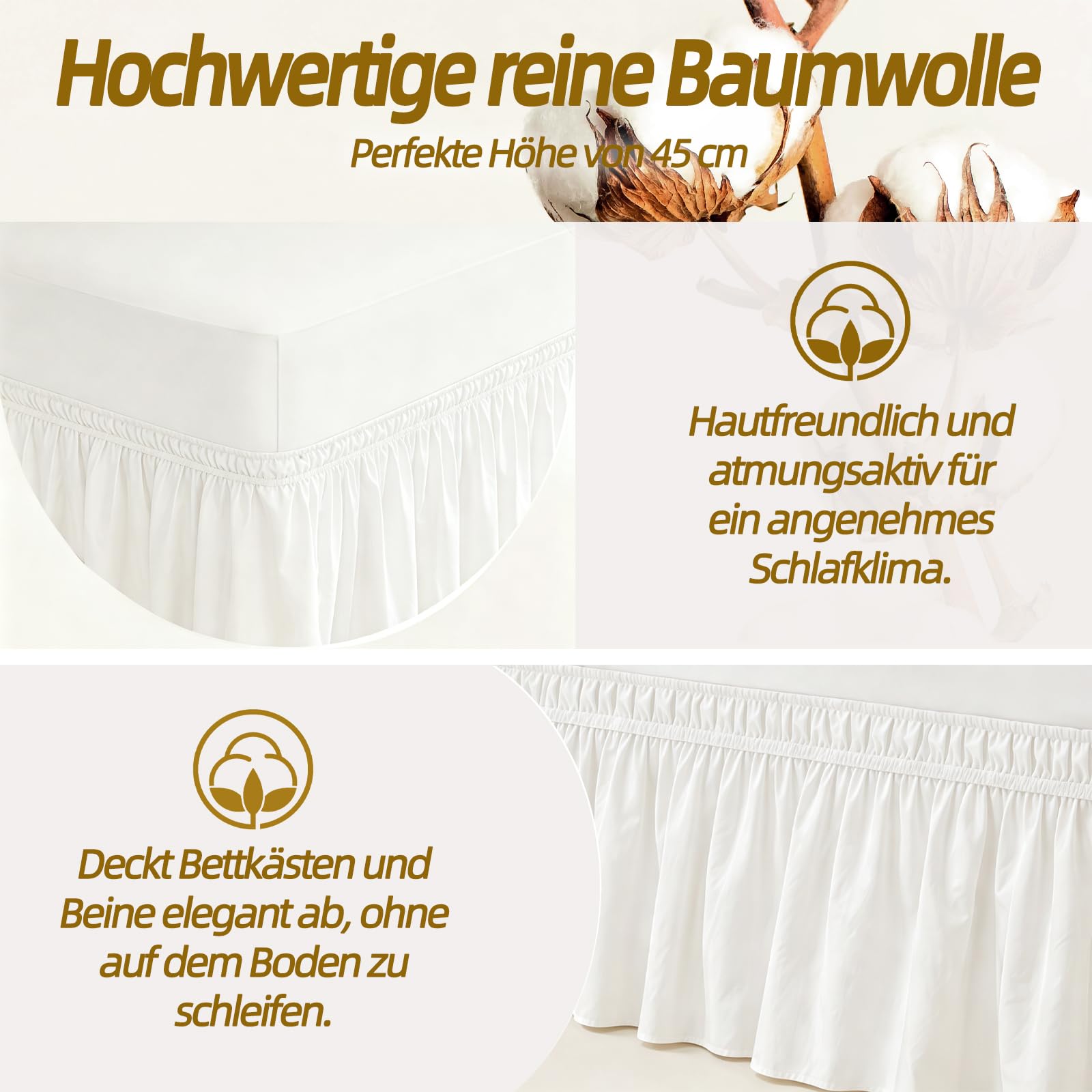 Bio-Baumwolle Volant Betthusse Weiß 45cm Gesamthöhe 180x200 cm Bettrock
