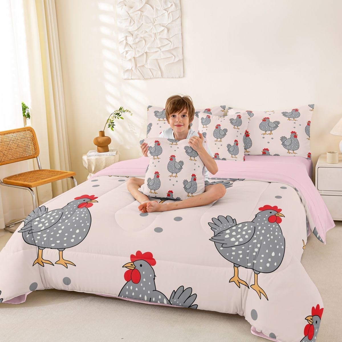 Erosebridal Rustic Chicken Comforter Set for Kids Boys Girls,Watercolor Rooster Bed in A Bag Full,Farmhouse Animal Bedding Sets,Country Wild Animal Reversible Bed Sets with Sheet Set,7 Piece