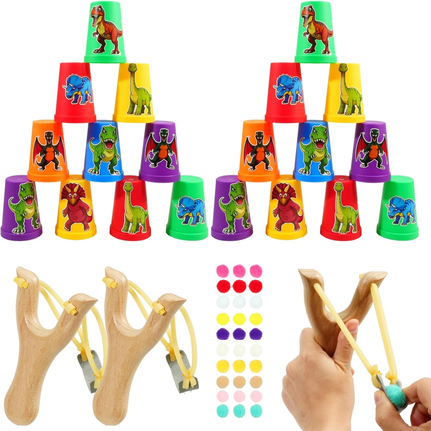 Dinosaur Sling Shot Game for Kids - 2 Wooden Slingshots,24 Plastic Cups & 30 Pom Poms,Carnival Toss Games Indoor Outdoor Party Activities,Birthday Decorations