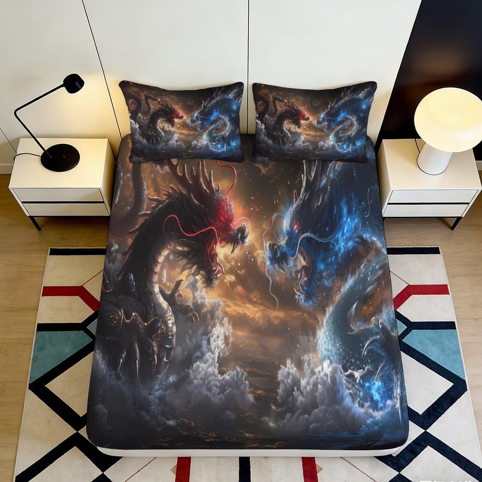 3D Printed Dragon Battle Fitted Sheet Microfiber Black Red Blue Fantasy Clouds Mattress Cover for Bedroom Guest Room Decor 200x200x25cm