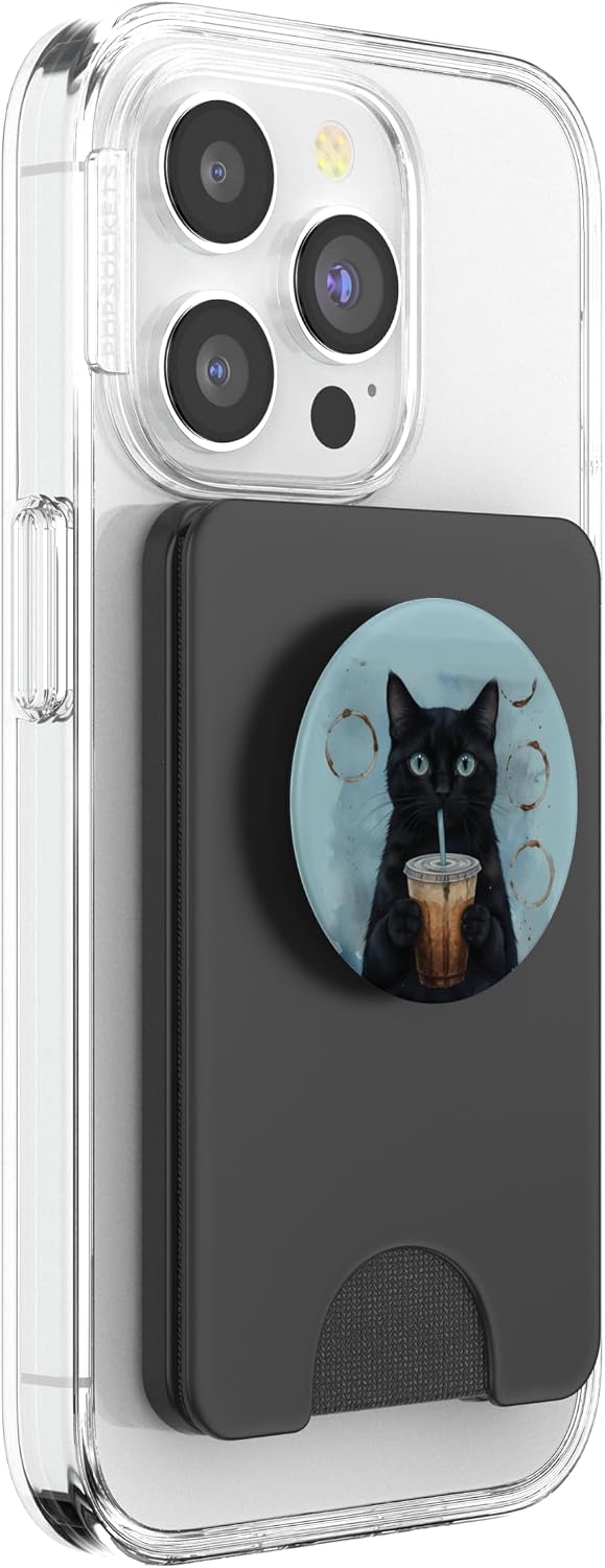Blue Black Cat Coffee Lover Illustration Print PopSockets PopWallet for MagSafe