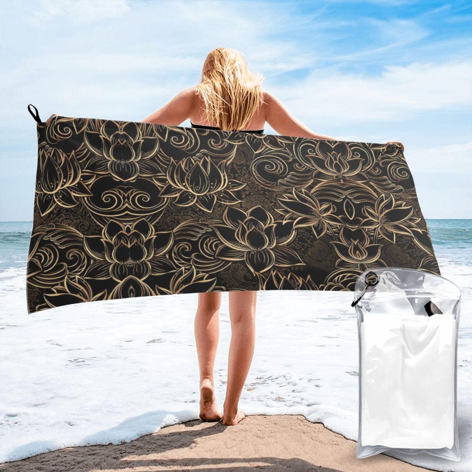 SDEGTHO Boho Gold Lotus Flowers Print Beach Towel Quick Dry Portable For Swimming Yoga Adults Fitness