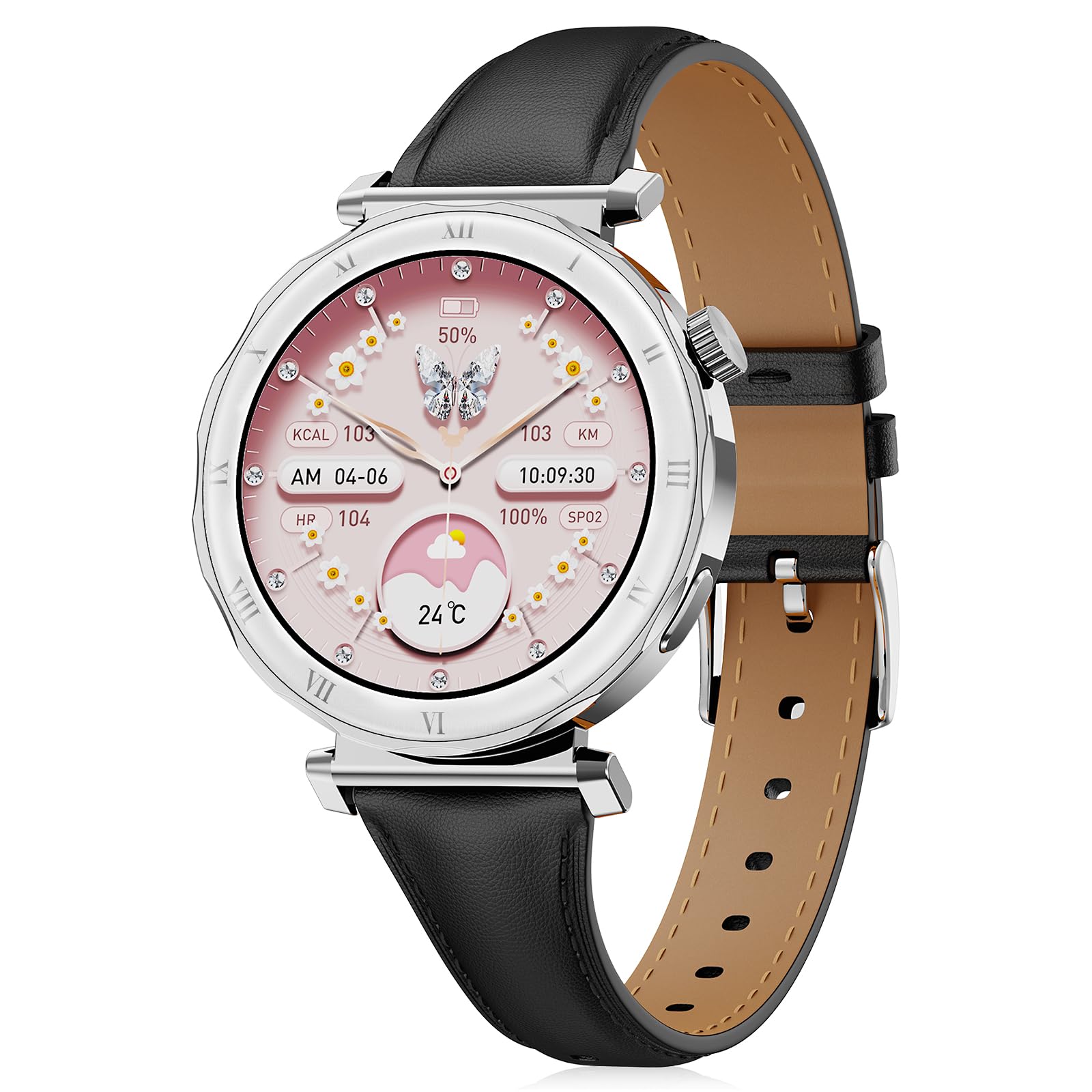 Smartwatch Donna - Elegante in Piccolo con Display AMOLED 1,19" Cinturino in Pelle Sottile, Orologio Fitness con Contapassi, Cardiofrequenzimetro/SpO2/Sonno per iOS/Android, Argento/Nero