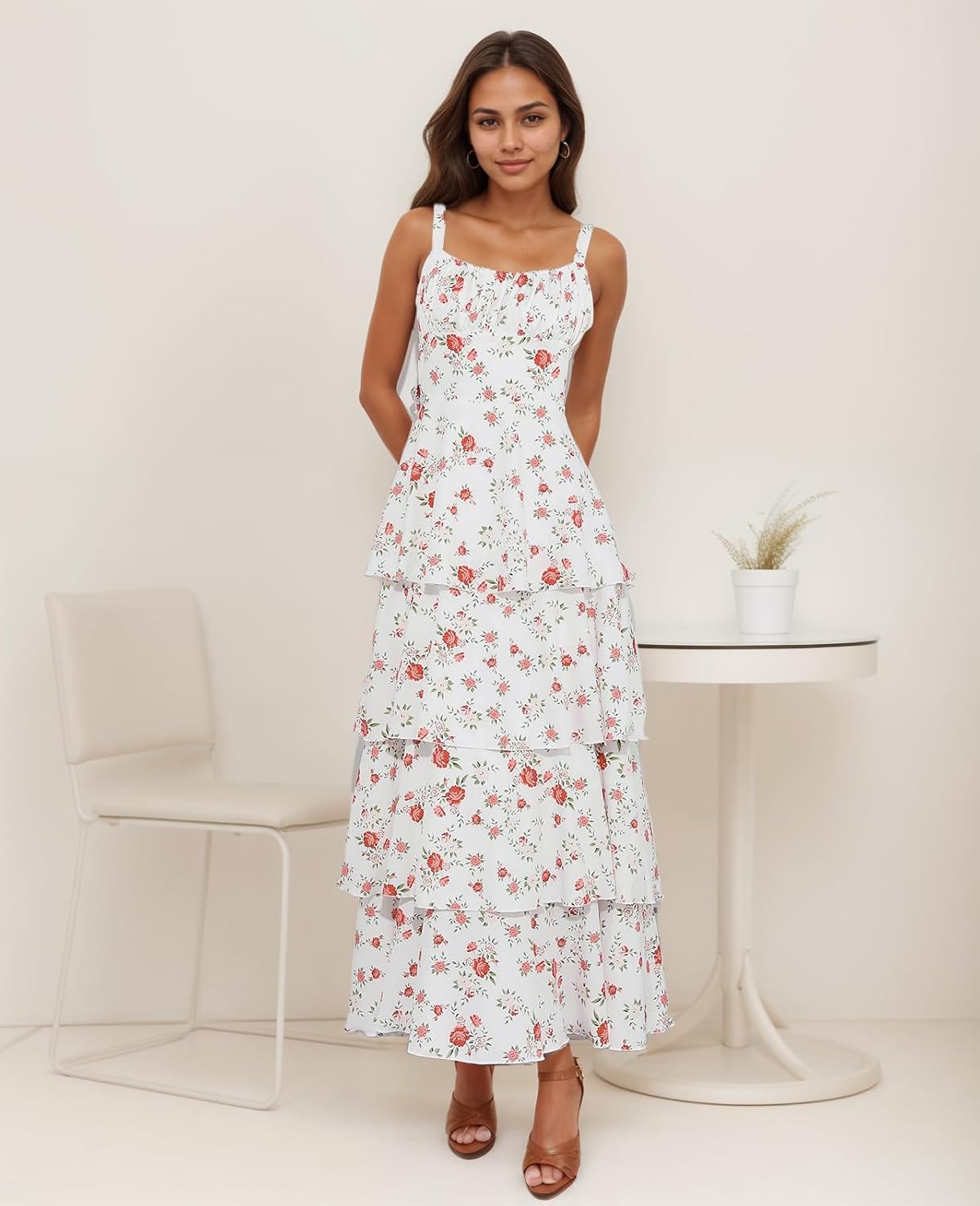 Tiered Ruffle Dress Women Casual Summer Spaghetti Strap Sleeveless Floral Layered Maxi Dress for Women Beach Sundress - Image 6