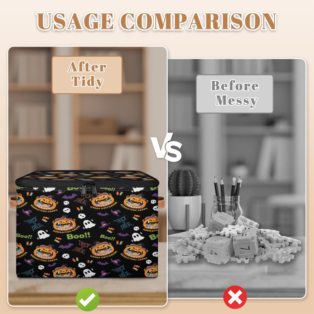 Storage Bin Set of 2 Halloween Pumpkin Candy Storage Basket with Zipper Lid & Handle Foldable Closet Shelf 2 Pack Cloth Organizer Basket Cube Bins Clothes Organizer for Bedroom, Nursery