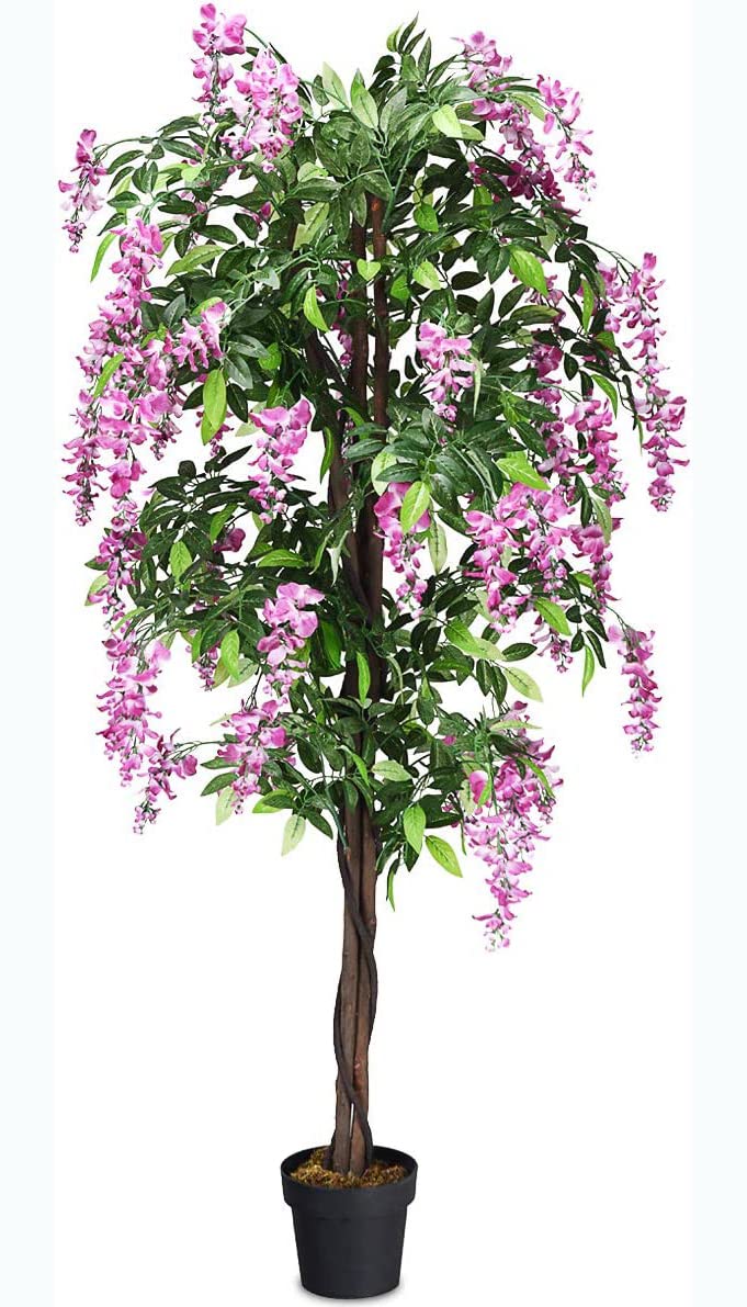 GIANTEX 180 cm künstliche Wisteria mit rosa Blüten im Zementtopf | Kunstpflanze für Innenräume, Dekopflanze und Topfpflanze für stilvolle Wohndekoration