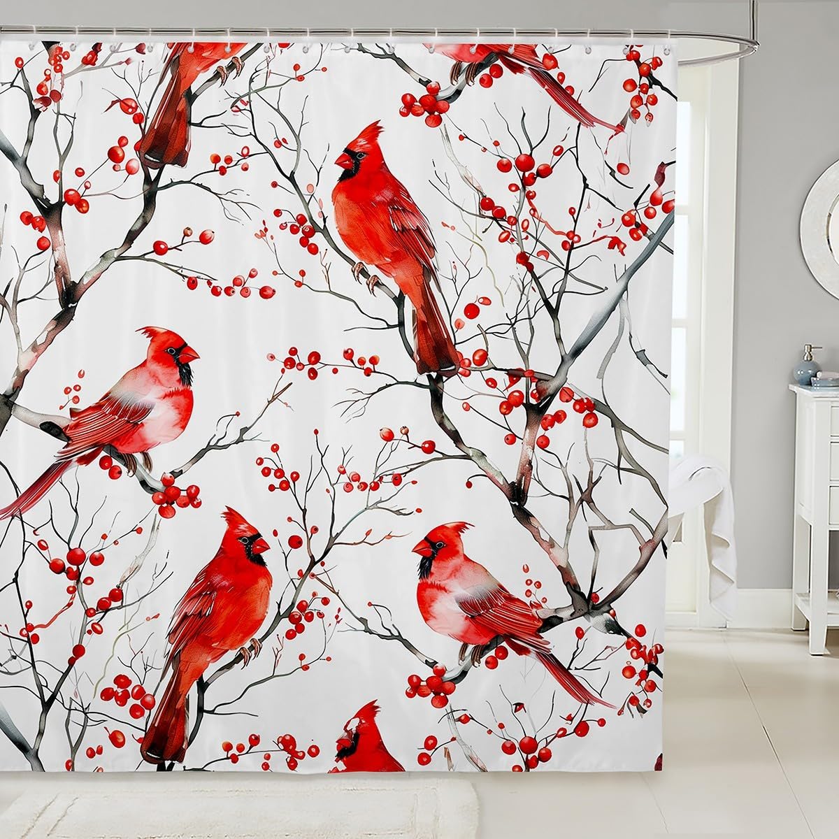 Erosebridal Cardinal Shower Curtain 72" Wx78 L Red Bird Bathroom Accessories for Kids Men Women Natural Safari Branches Rustic White Waterproof Bath Curtain