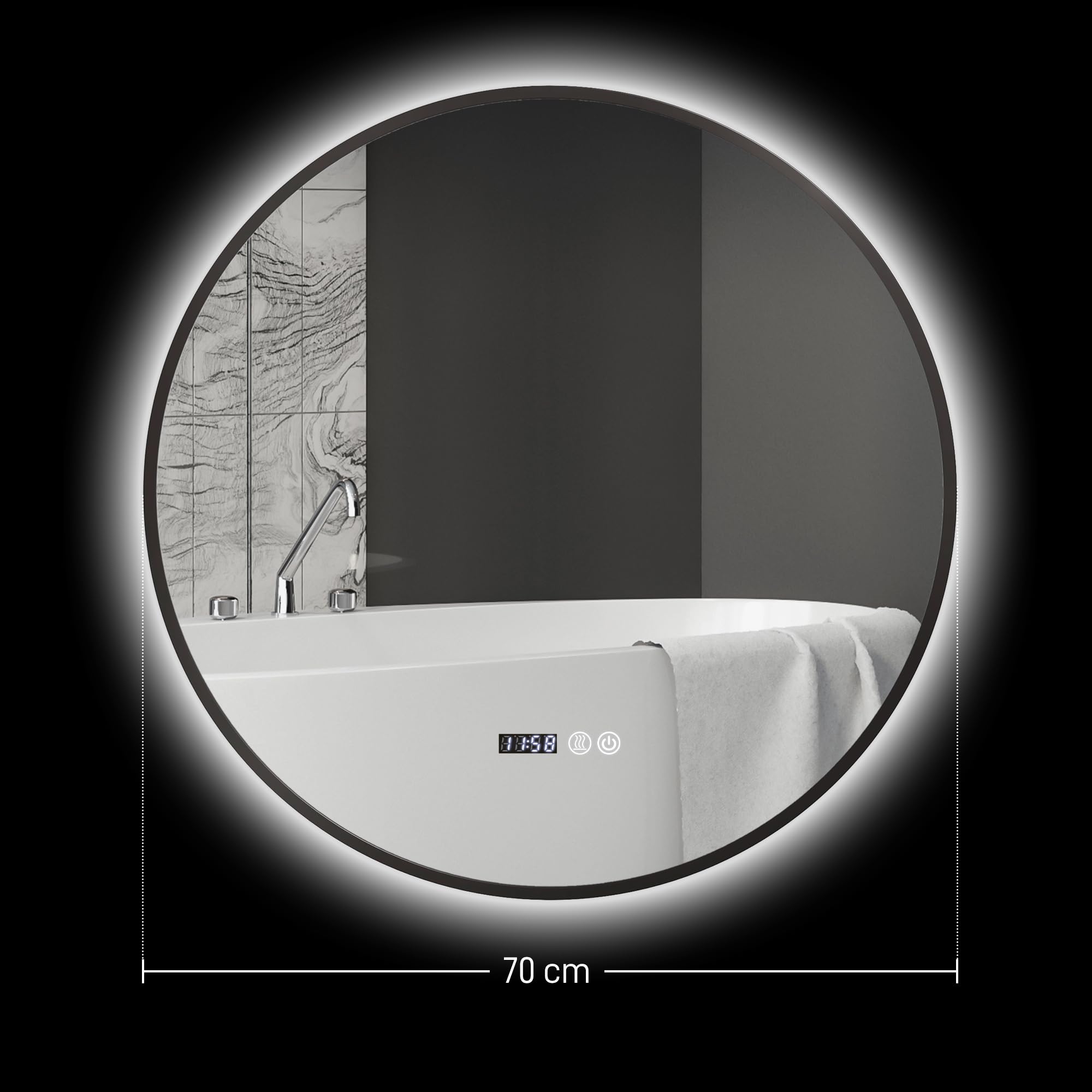 HOMCOM Specchio da Bagno con Luce LED Regolabile, Specchio Rotondo Anti Nebbia 70 cm, Specchio da Parete con Smart Touch con Display Ora e Temperatura e Funzione Memoria, IP44, Nero
