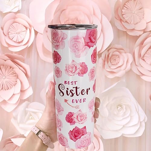 Miniatura 3 de Vaso para hermanas de parte de la hermana, bonito vaso floral rosa con tapa y popote, regalos de cumpleaños para hermanas de parte de la hermana,