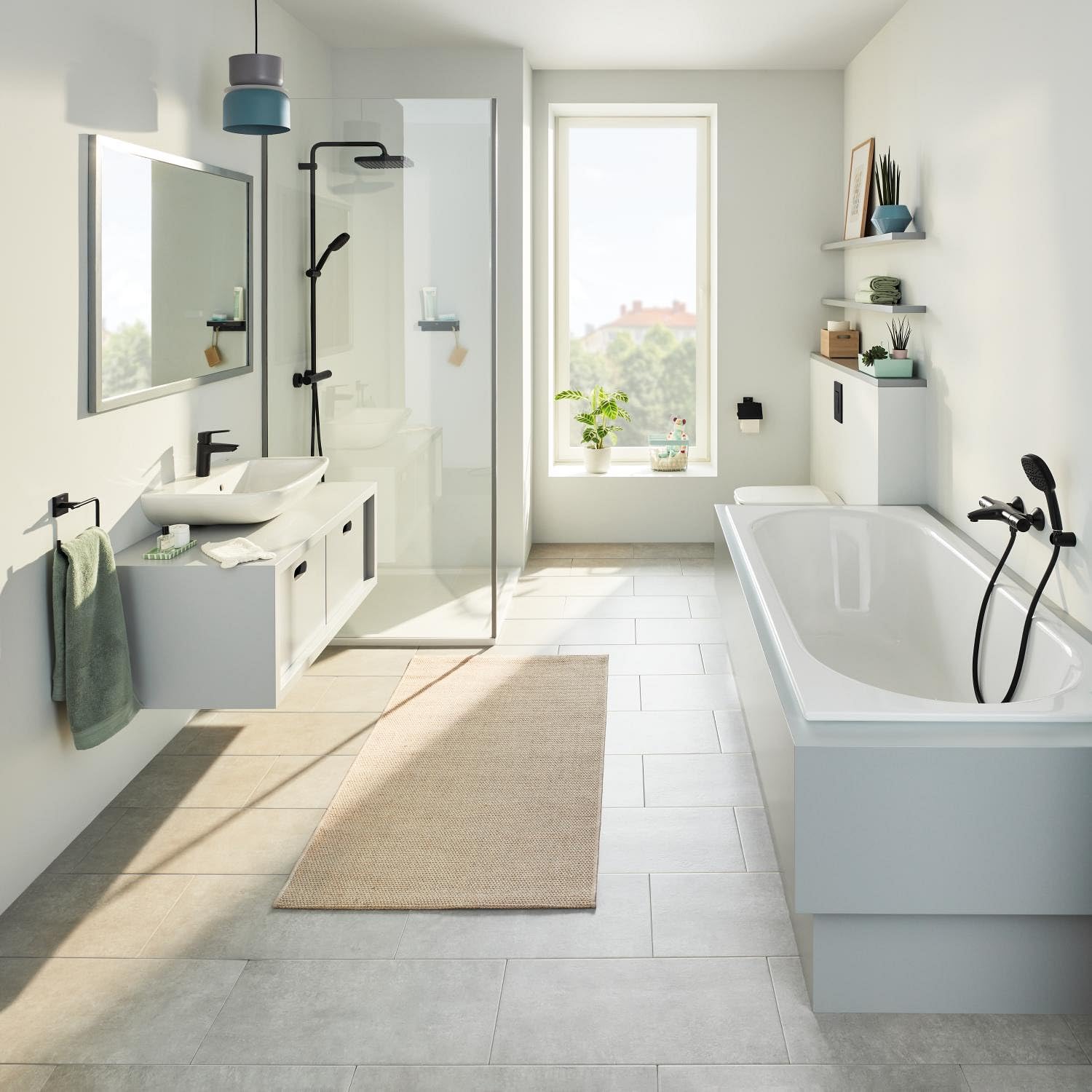 GROHE Start Cube Quickfix, Conjunto de Accesorios de baño 4 en 1 (Colgador, argolla, portarollos y toallero), Negro Mate 411152430