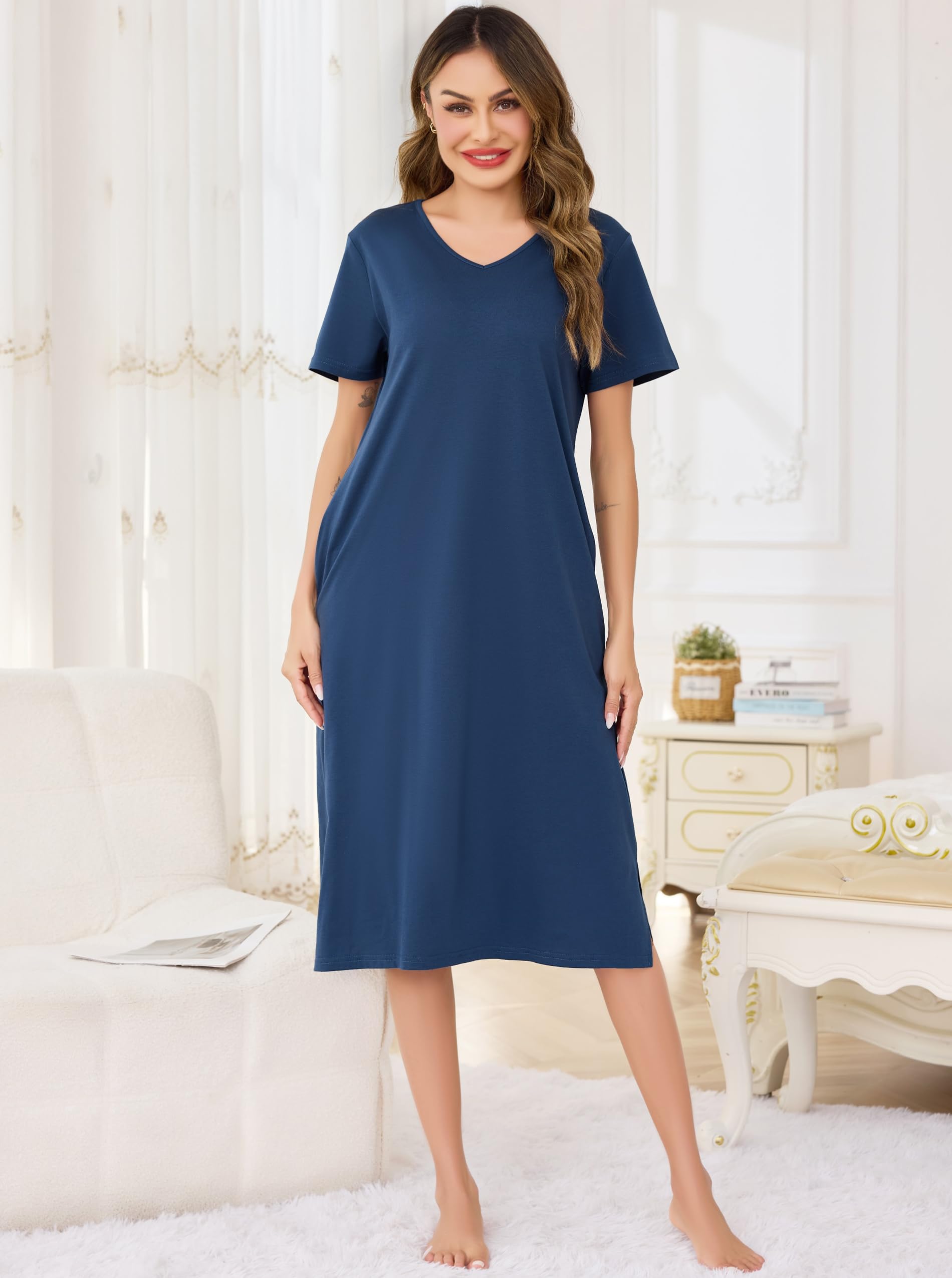 Wikoan Koszule nocne dla kobiet bawełniane koszule nocne i koszule nocne miękka długa koszula nocna z krótkim rękawem bielizna nocna z kieszeniami S-XXL