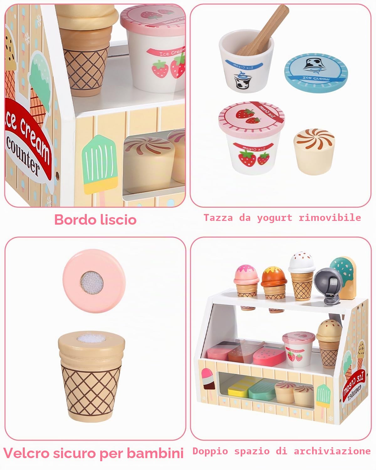 Gelateria Giocattolo, Cucina Cibo in Legno per Bambini, Accessori da Cucina Montessori, Gioco di Ruolo Educativo Regalo per Bambina 3 4 5 6 Anni