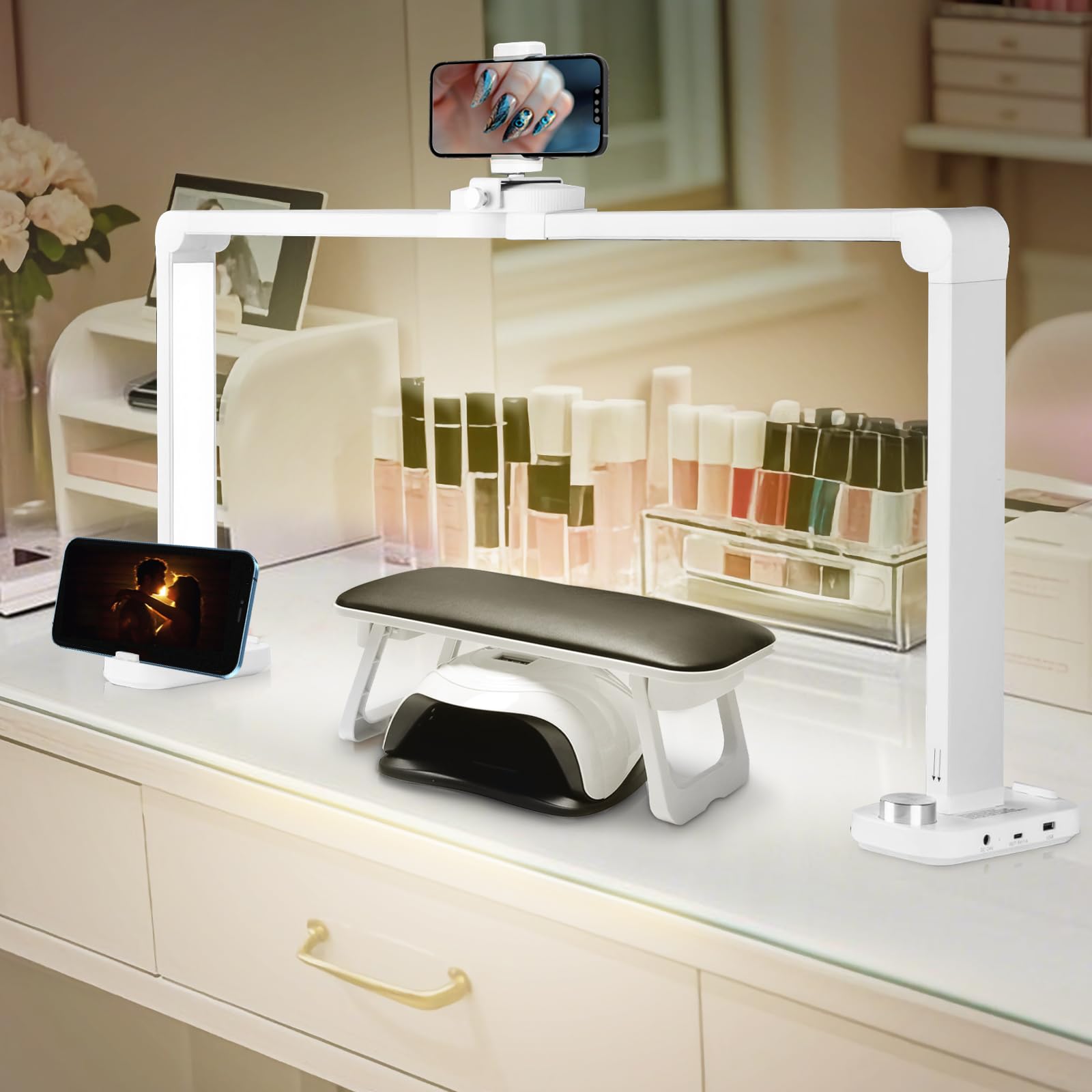 CGBE Lampada Mezza Luna per Unghie con Portacellulare per Onicotecniche | 34 Pollici 40W Lampada da Tavolo LED - Luce da Scrivania con 3 Modalità 10 Luminosità per Manicure Tatuaggi Pittura - Bianco