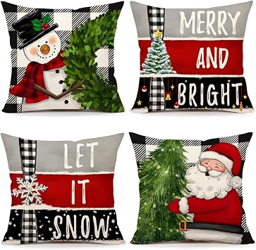 4TH Emotion Buffalo Check Christmas Pillow Covers 16x16 Set of 4 Farmhouse Xmas Decorations Snowman Wreath Santa Claus Tree Merry Bright Hello Winter Holiday Decor Throw Cushion Case S23C06-16