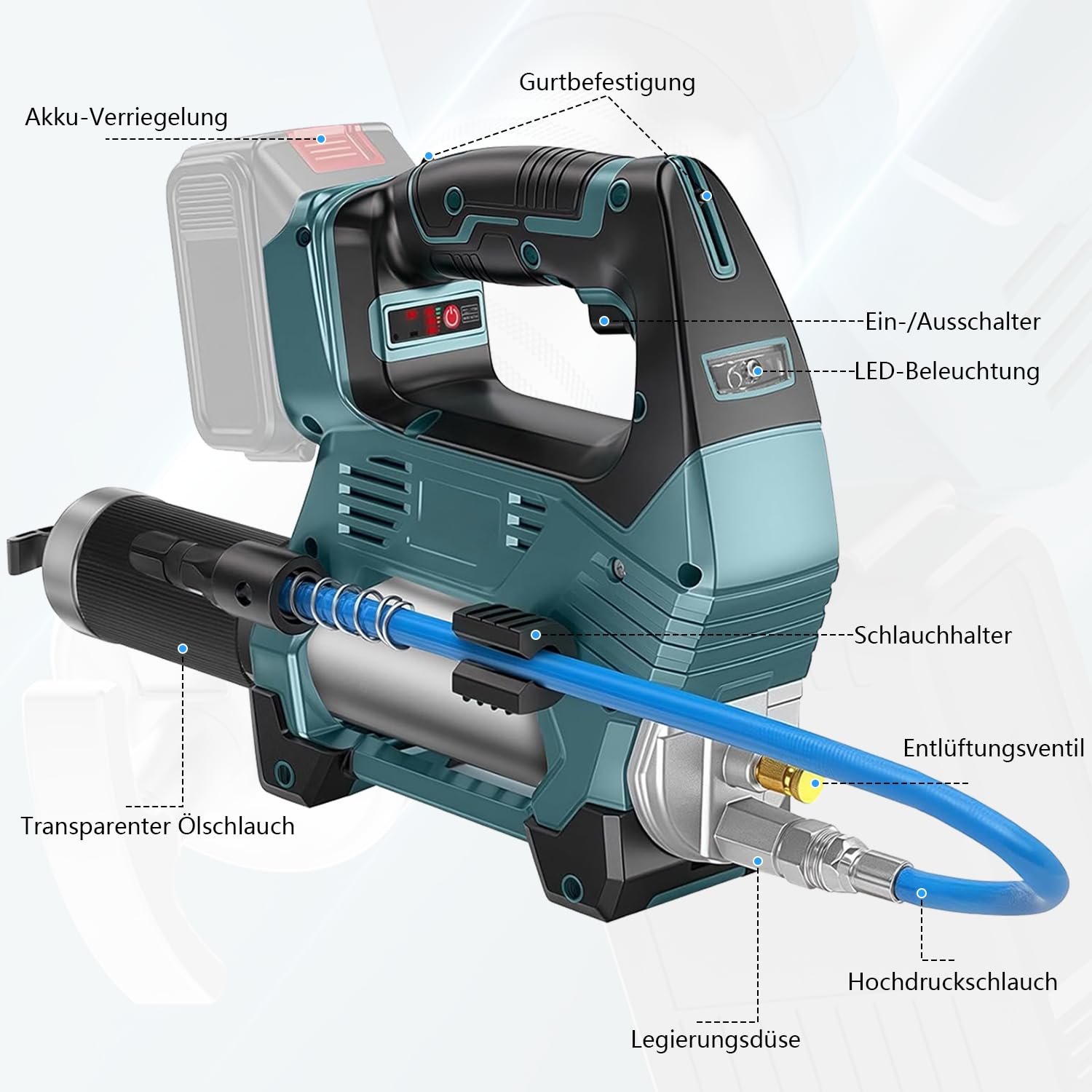 Pistola engrasadora eléctrica para Makita 18 V-21 V batería (sin batería), 12000 PSI, kit de engrase con luz LED, manguera larga, boquilla, bandeja de extracción de aceite, 3 velocidades para máquinas