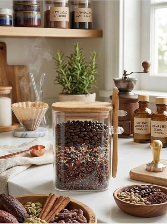 Bambu Kapaklı Kaşıklı Cam Baharat Kavanozu 640 ml