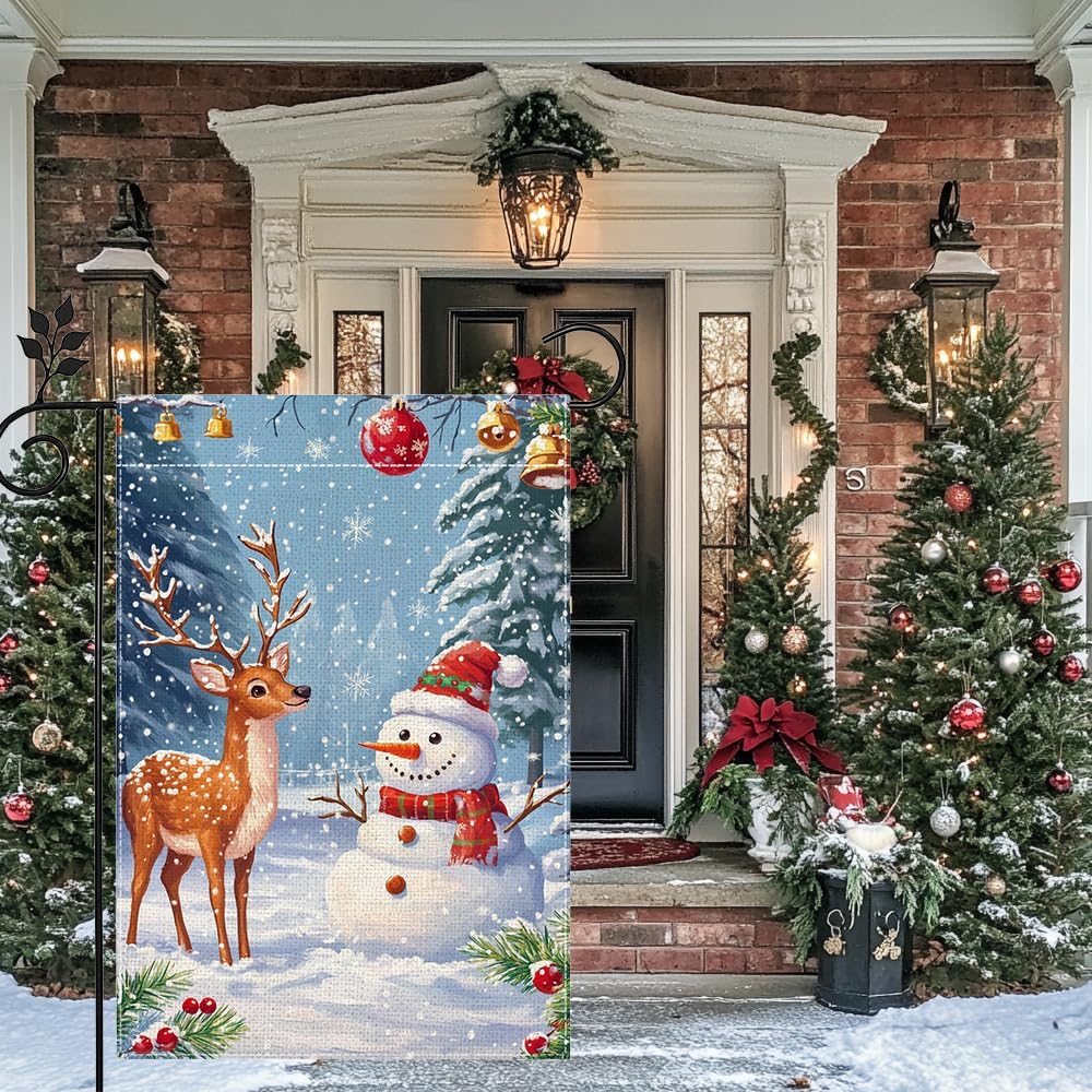 Winter Snowman Garden Flag for Outside Christmas Reindeer Snowflake Welcome Yard Flag 12x18 Inch Double Sided Burlap Holiday Farmhouse Outdoor Flag Home Decoration - Image 2