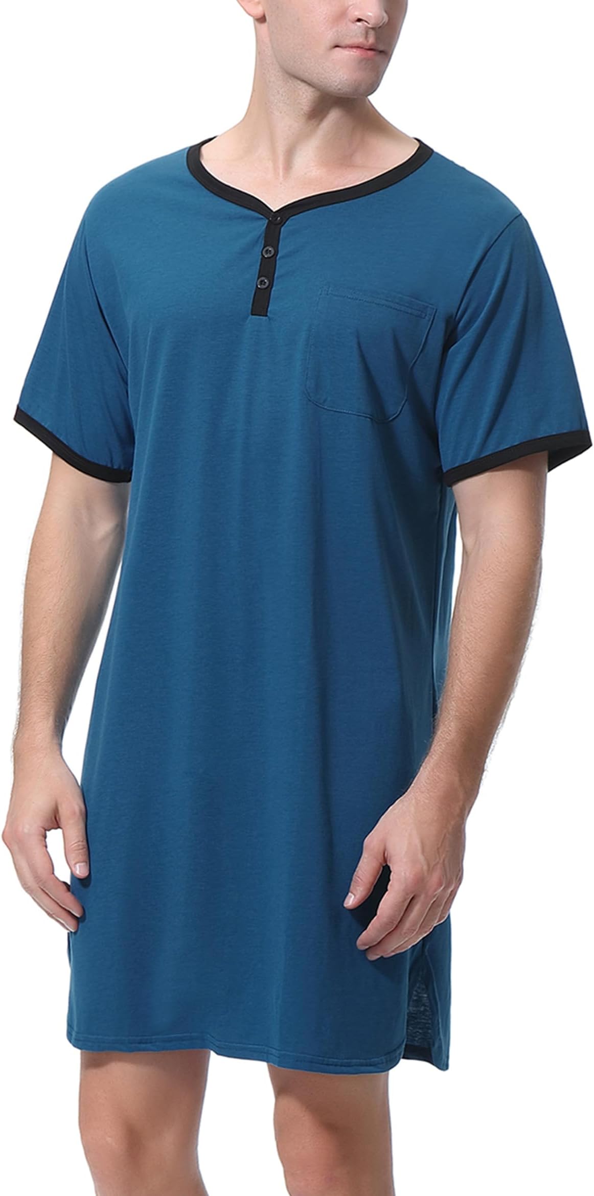 Men's Nightshirt, Lightweight Cotton Short Sleeve Nightwear Henley Shirt Button Down Sleepwear, Knee Length, One Size, Multicolor