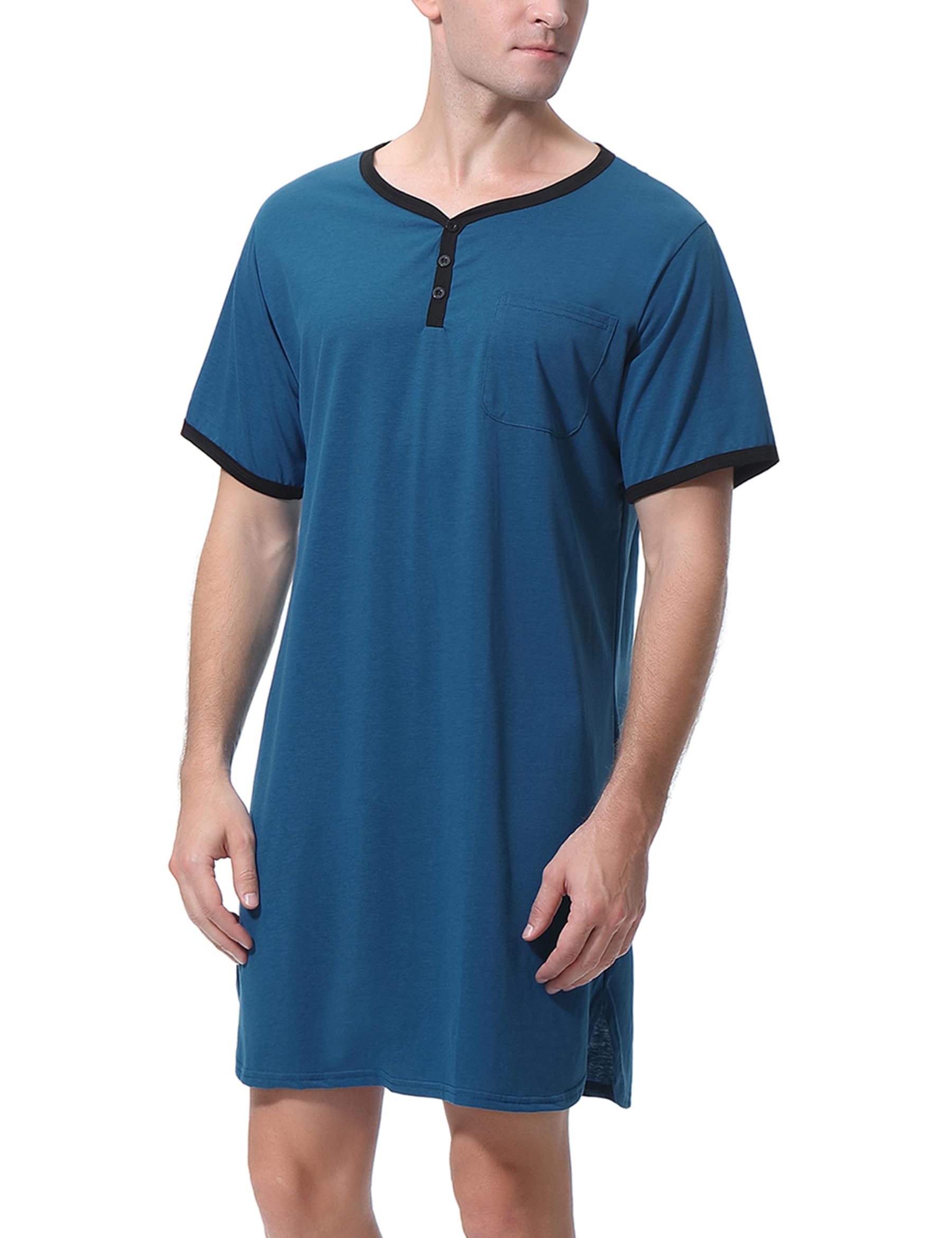 Men's Nightshirt, Lightweight Cotton Short Sleeve Nightwear Henley Shirt Button Down Sleepwear, Knee Length, One Size, Multicolor