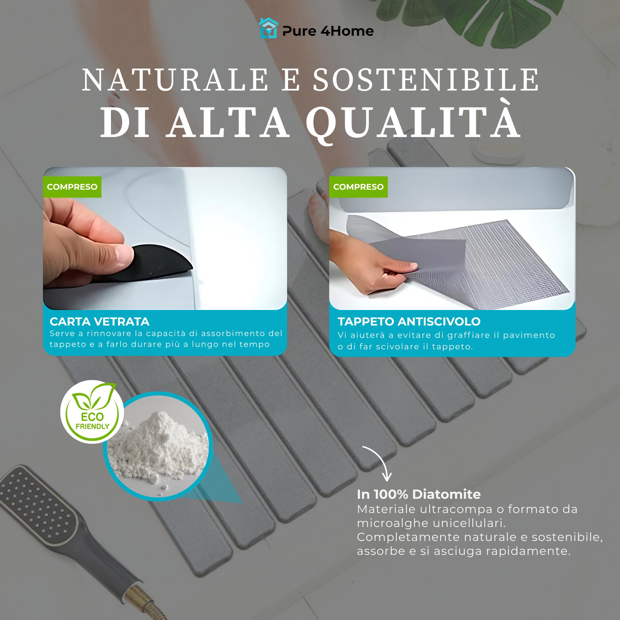 Pure 4Home Tappeto Bagno Diatomite Pieghevole 60x39cm | Pietra Assorbente con Rete Antiscivolo per Doccia o Cucina | Asciugatura Rapida e Sicura | Tappeto in Pietra Naturale (Grigio)